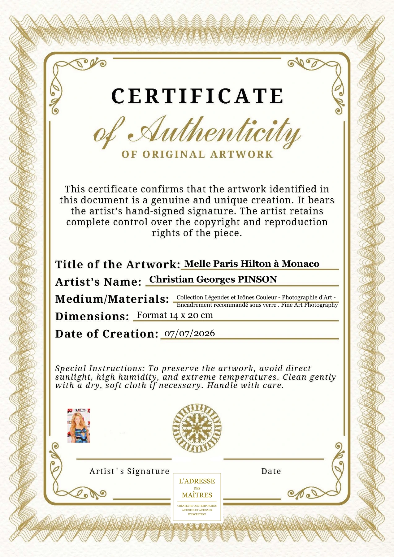 Certificat d'authenticité - Melle Paris Hilton à Monaco - Christian Georges PINSON