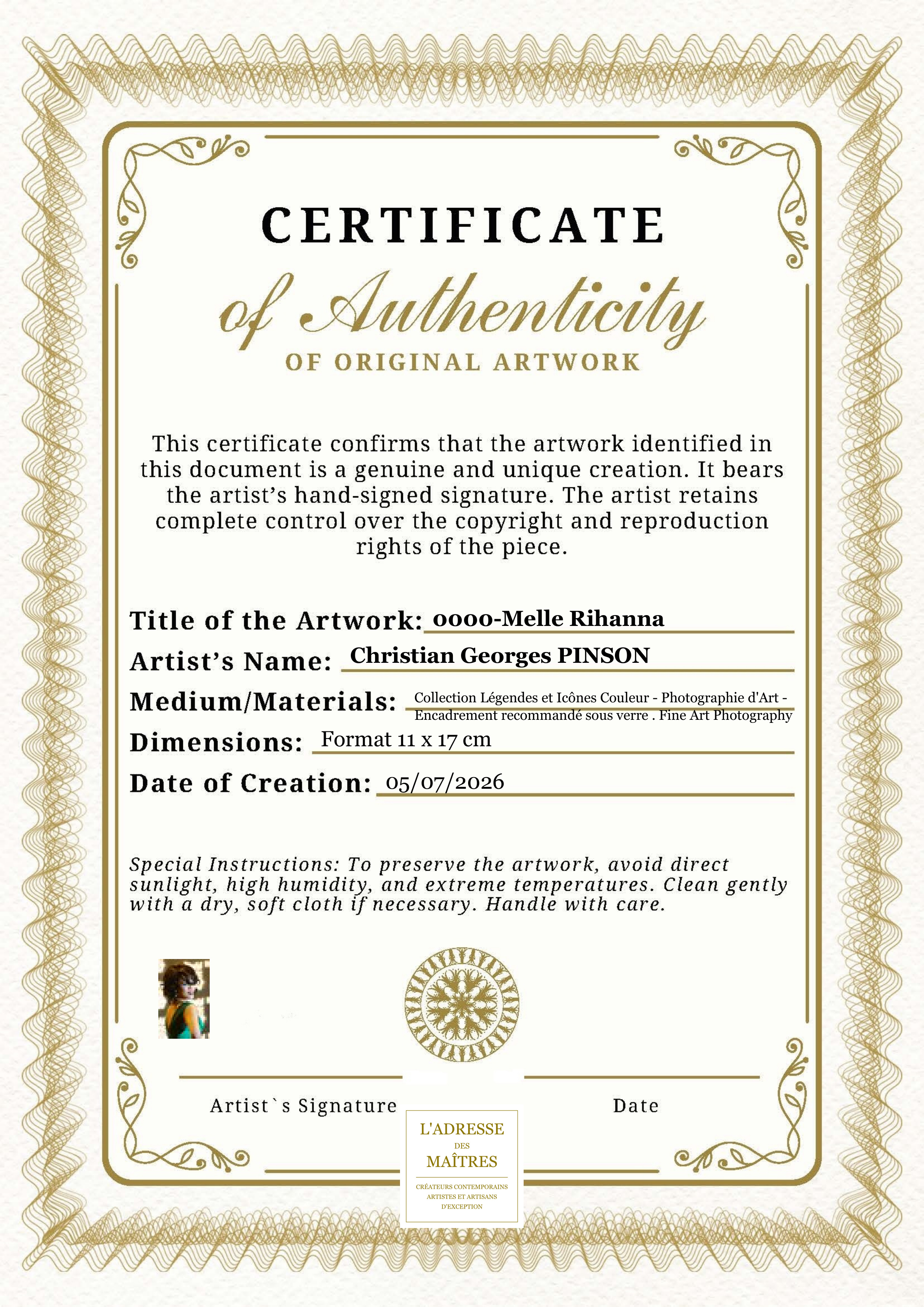 Certificat d'authenticité — 0000-Melle Rihanna — Christian Georges PINSON