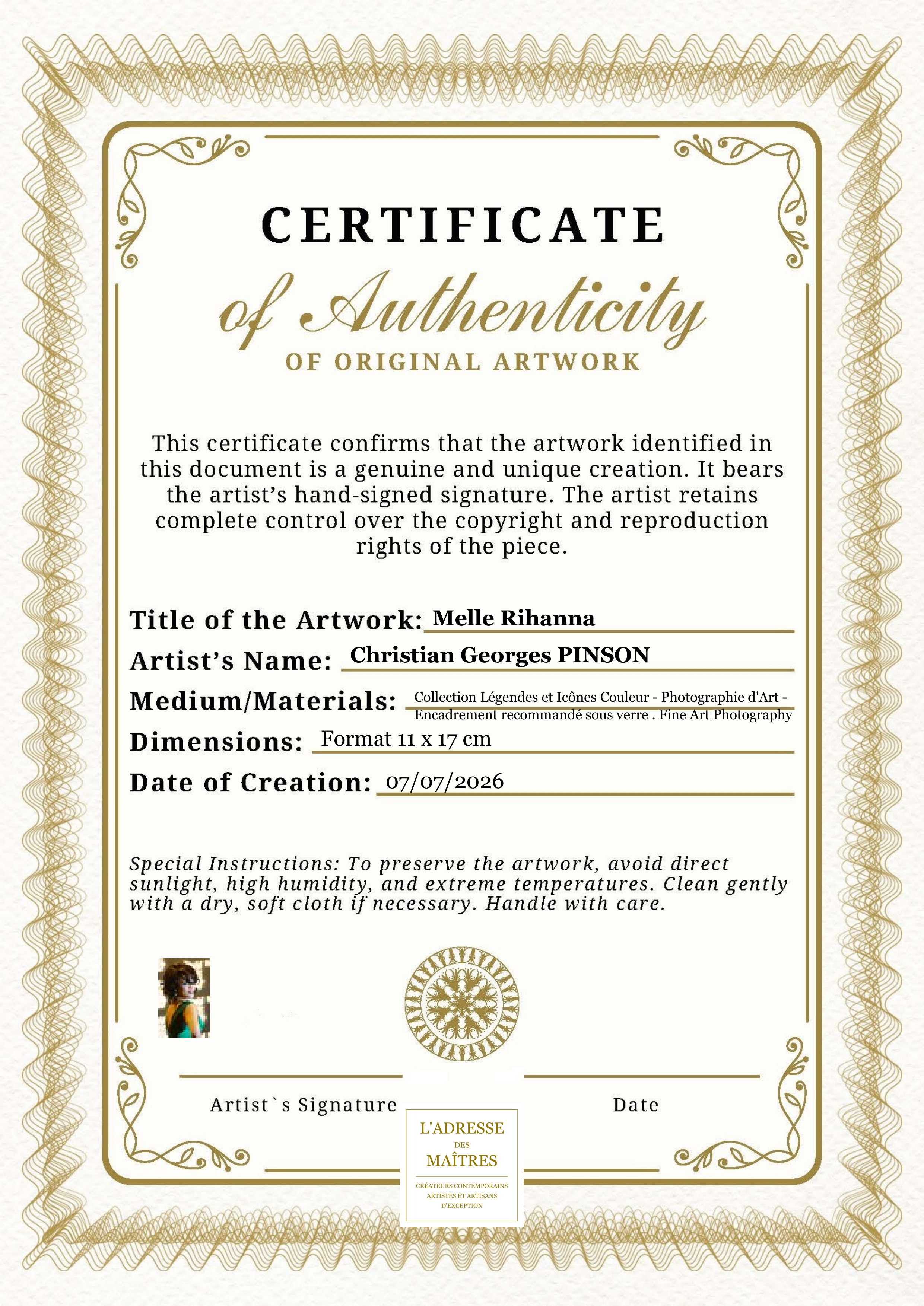 Certificat d'authenticité — Melle Rihanna — Christian Georges PINSON
