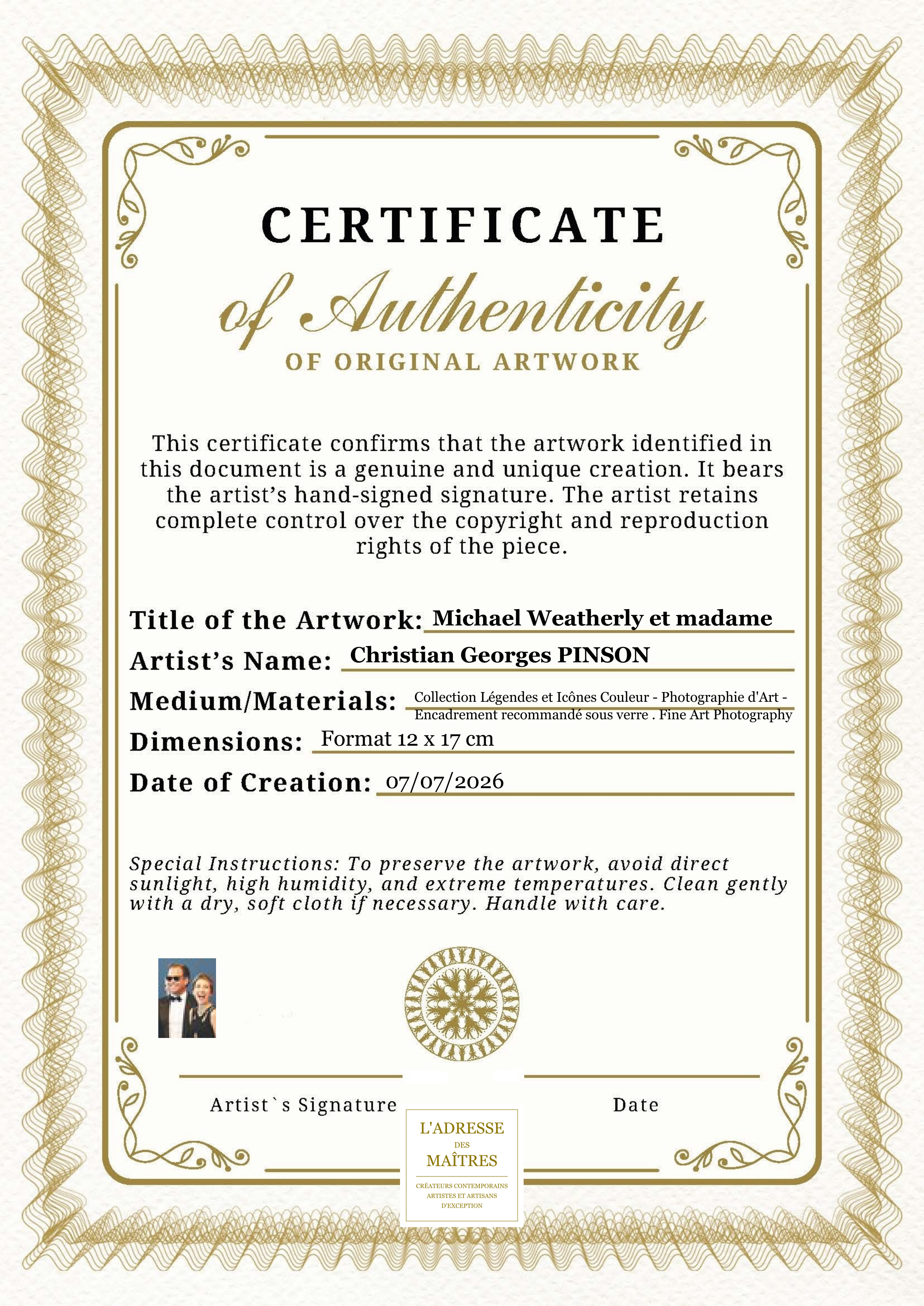 Certificat d'authenticité — Michael Weatherly et madame — Christian Georges PINSON