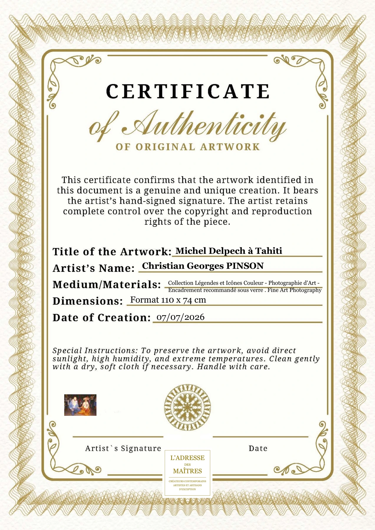 Certificat d'authenticité - Michel Delpech à Tahiti - Christian Georges PINSON