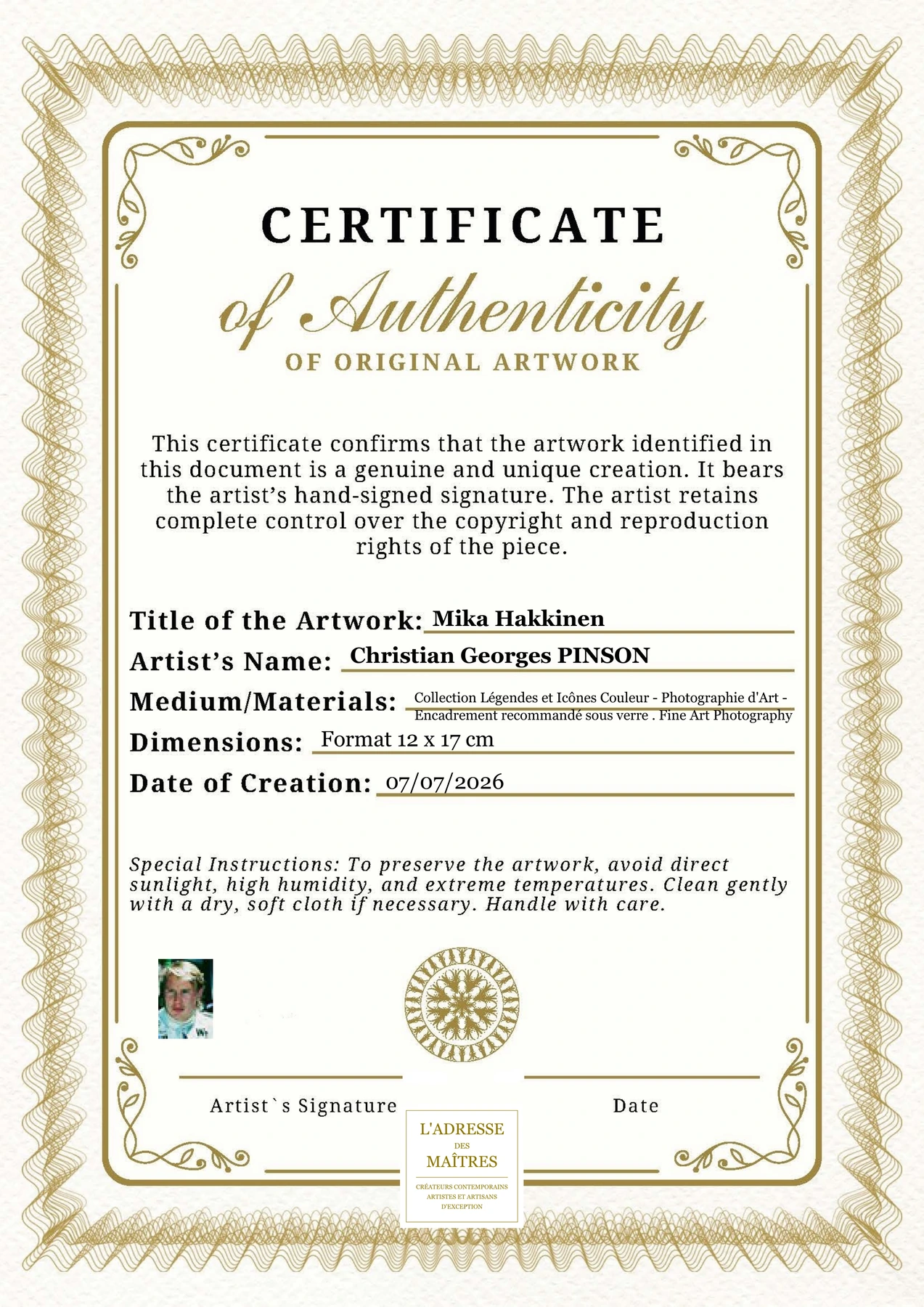 Certificat d'authenticité - Mika Hakkinen - Christian Georges PINSON