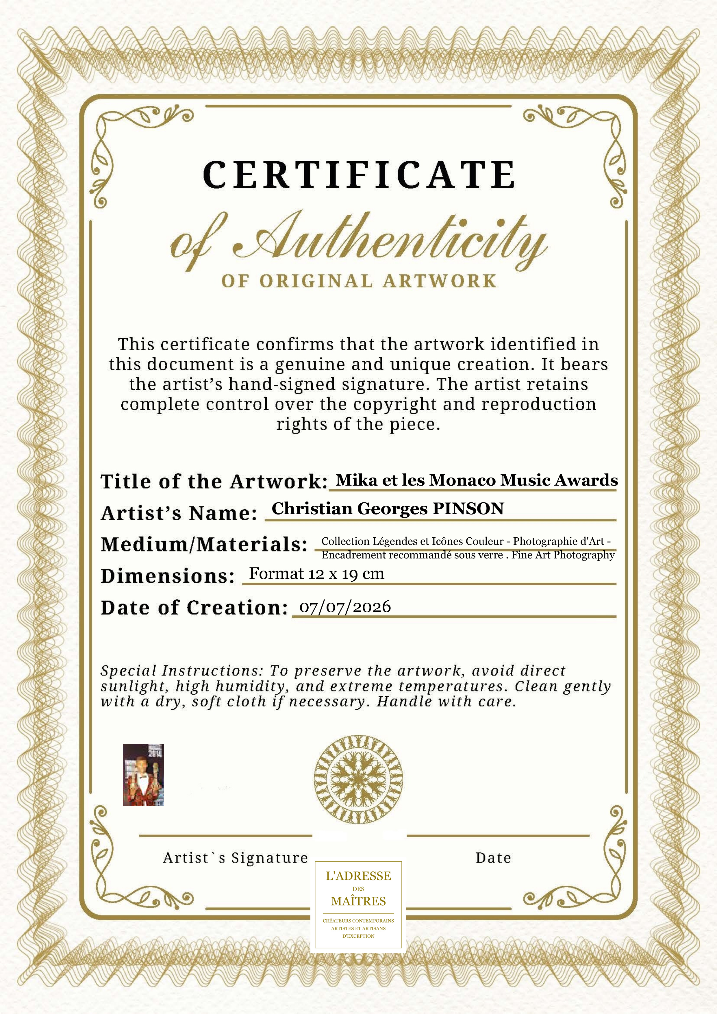 Certificat d'authenticité — Mika et les Monaco Music Awards — Christian Georges PINSON