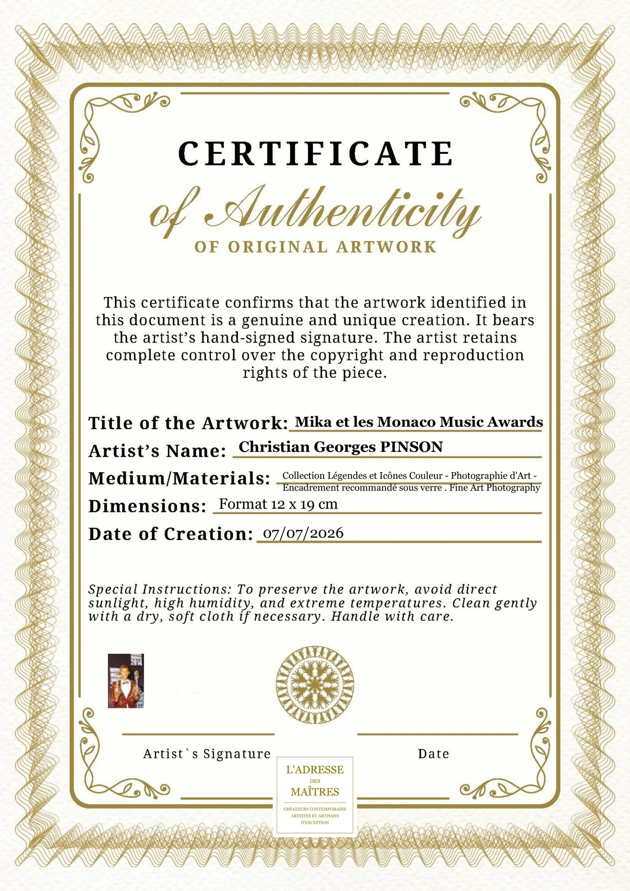 Certificat d'authenticité - Mika et les Monaco Music Awards - Christian Georges PINSON