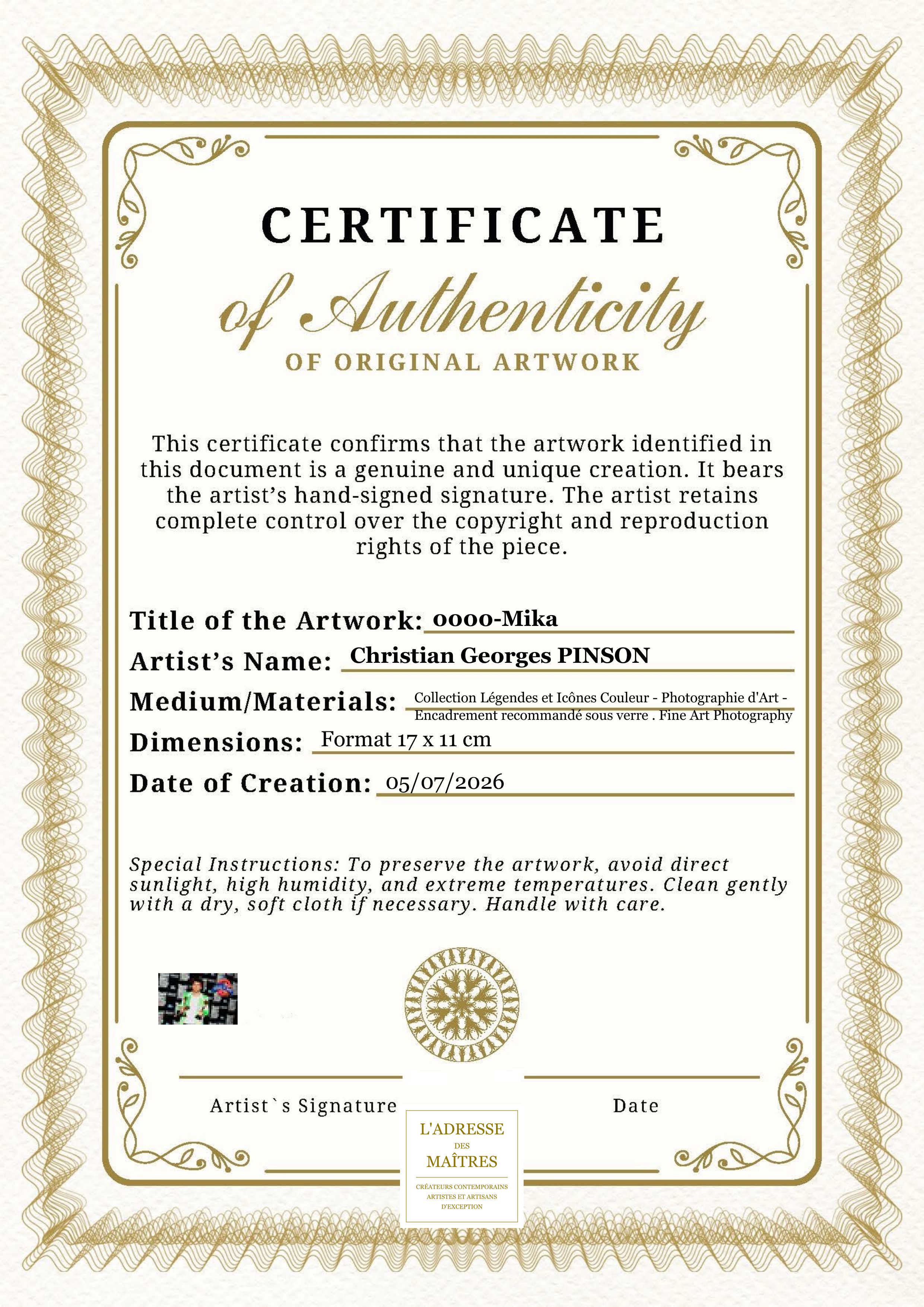 Certificat d'authenticité — 0000-Mika — Christian Georges PINSON