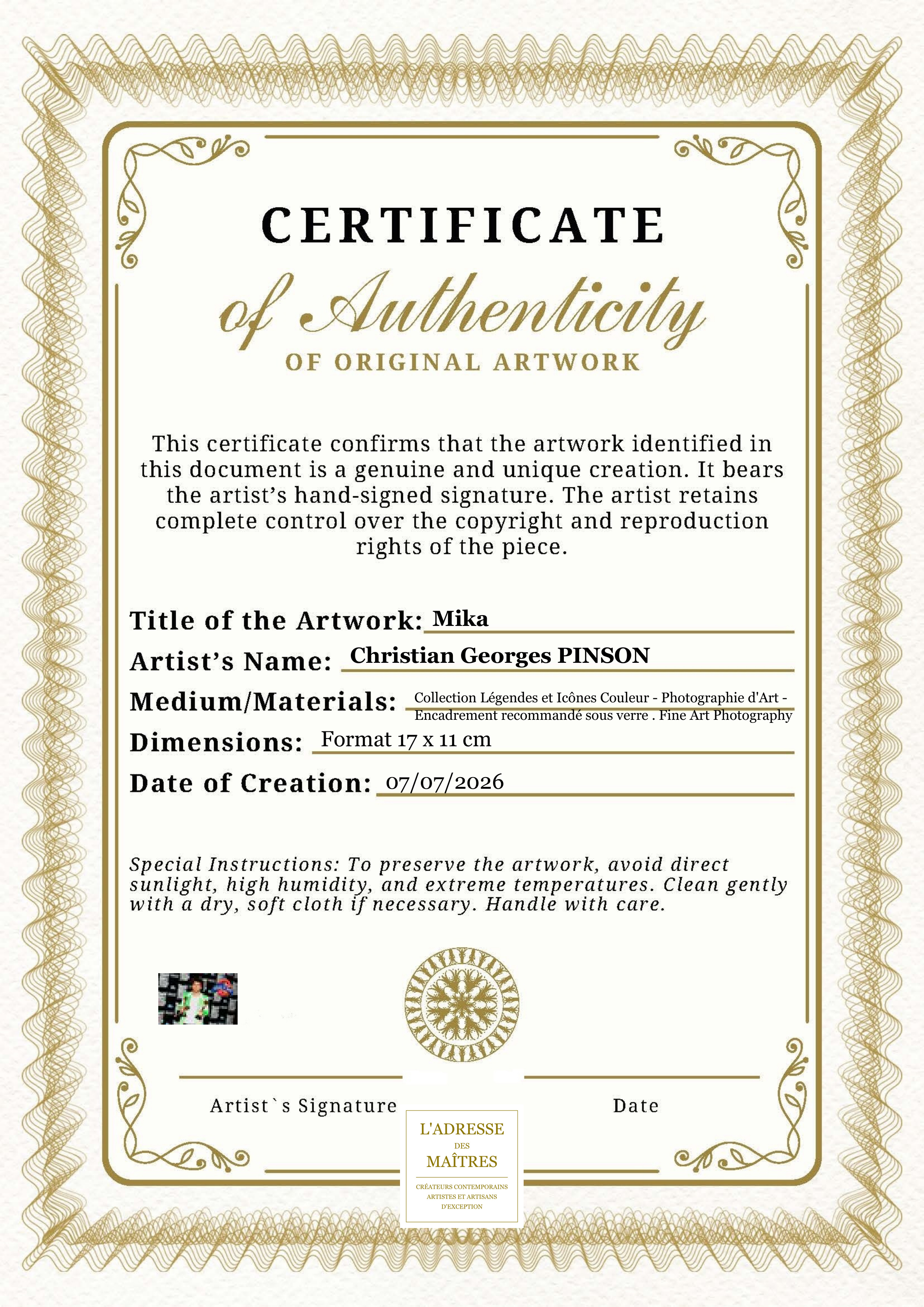 Certificat d'authenticité — Mika — Christian Georges PINSON