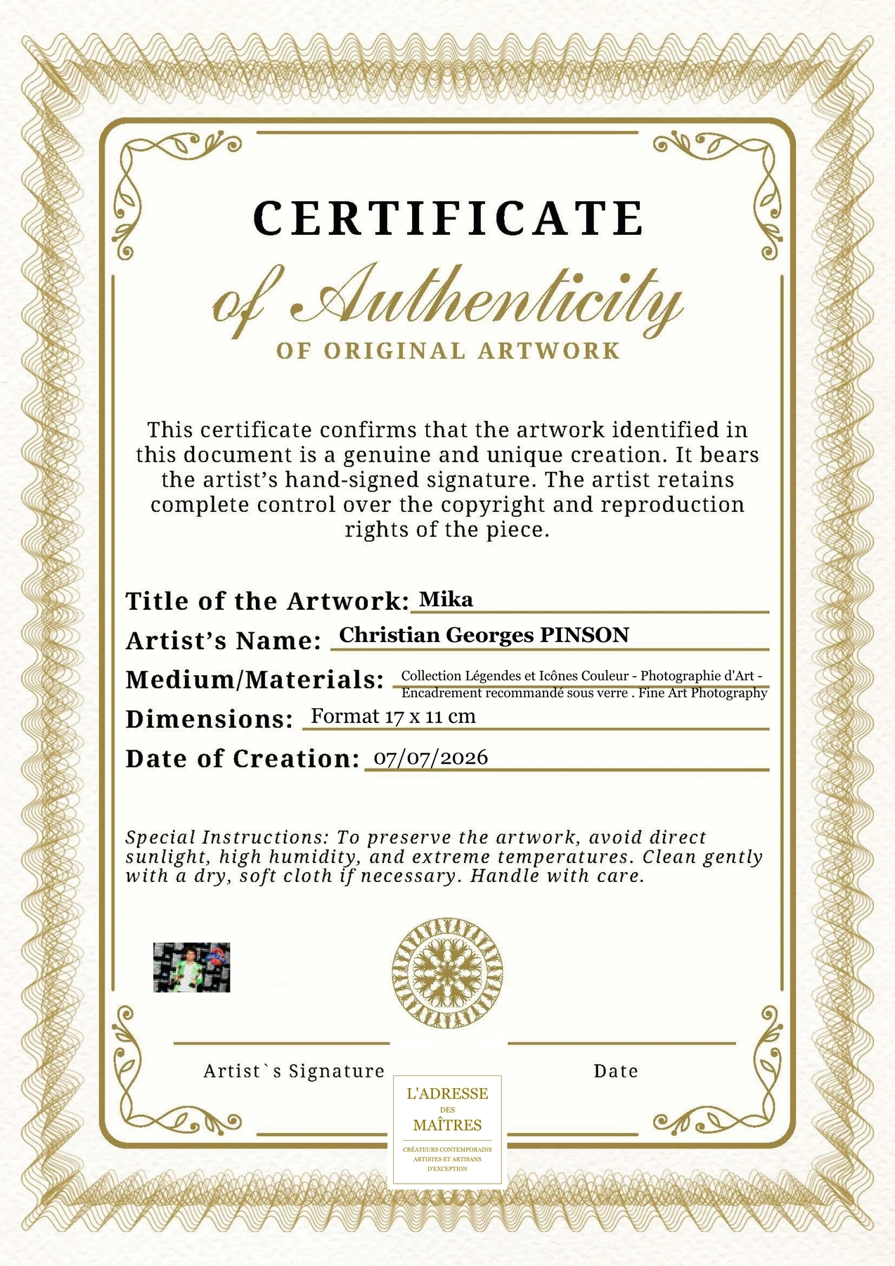 Certificat d'authenticité - Mika - Christian Georges PINSON