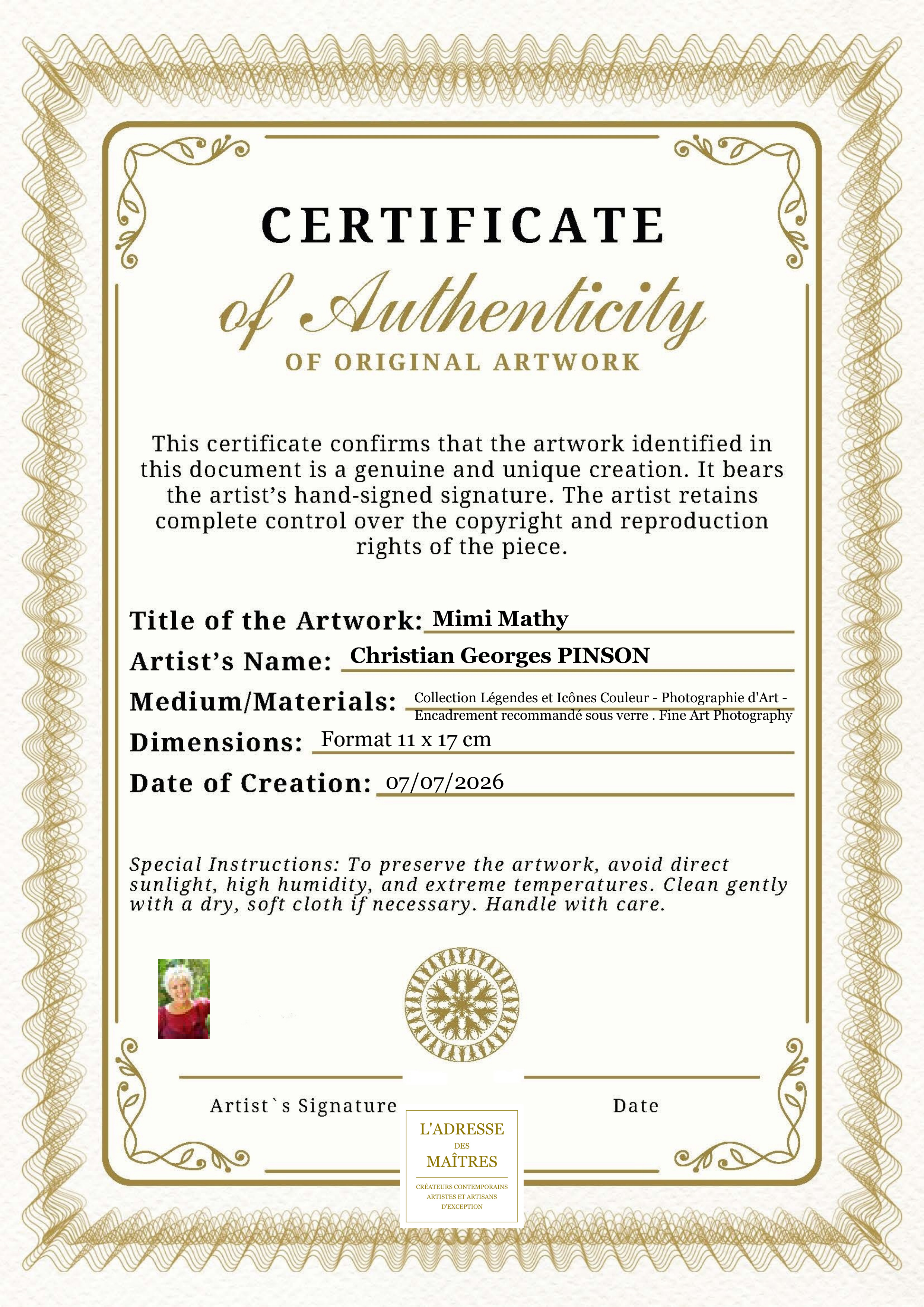Certificat d'authenticité — Mimi Mathy — Christian Georges PINSON