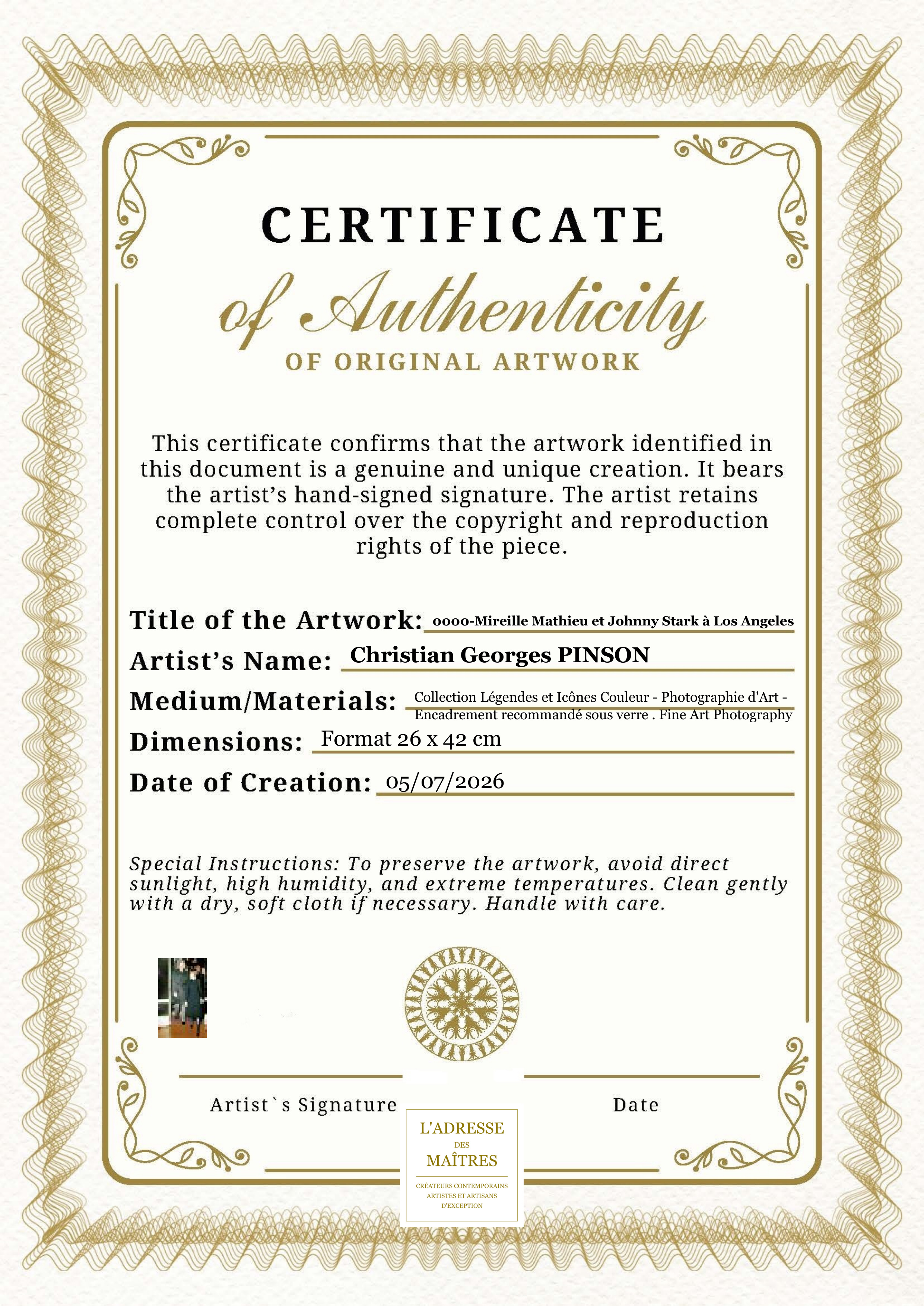 Certificat d'authenticité — 0000-Mireille Mathieu et Johnny Stark à Los Angeles — Christian Georges PINSON