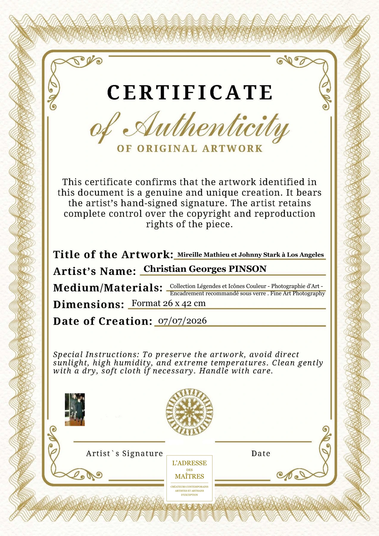 Certificat d'authenticité - Mireille Mathieu et Johnny Stark à Los Angeles - Christian Georges PINSON