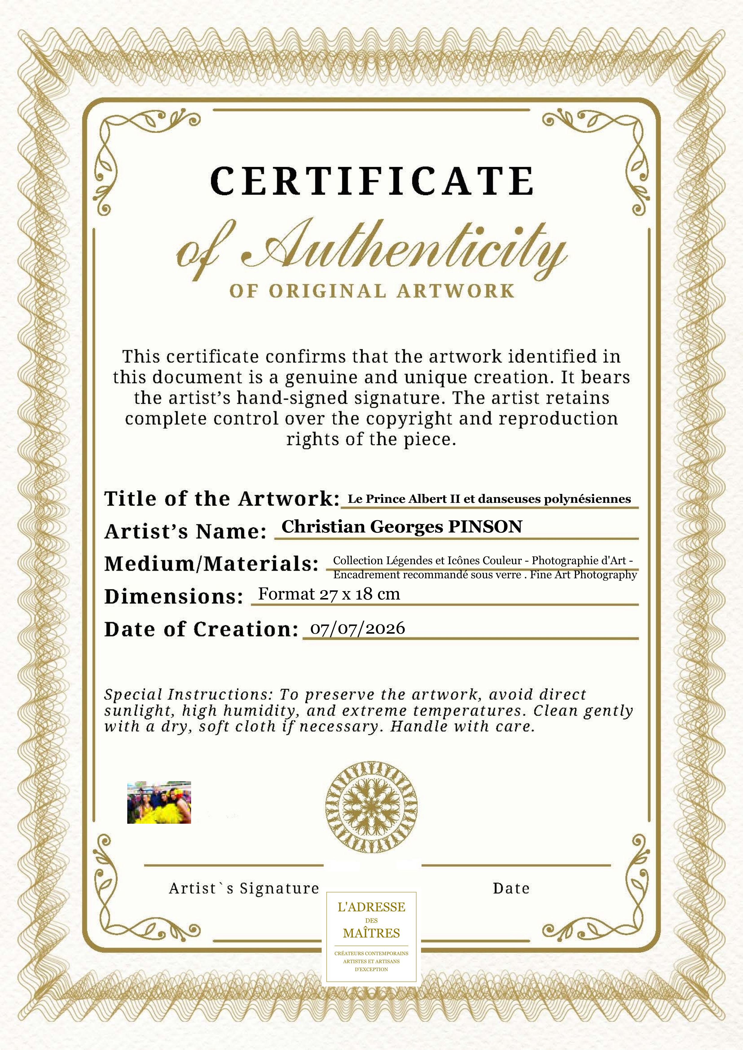 Certificat d'authenticité — Le Prince Albert II et danseuses polynésiennes — Christian Georges PINSON