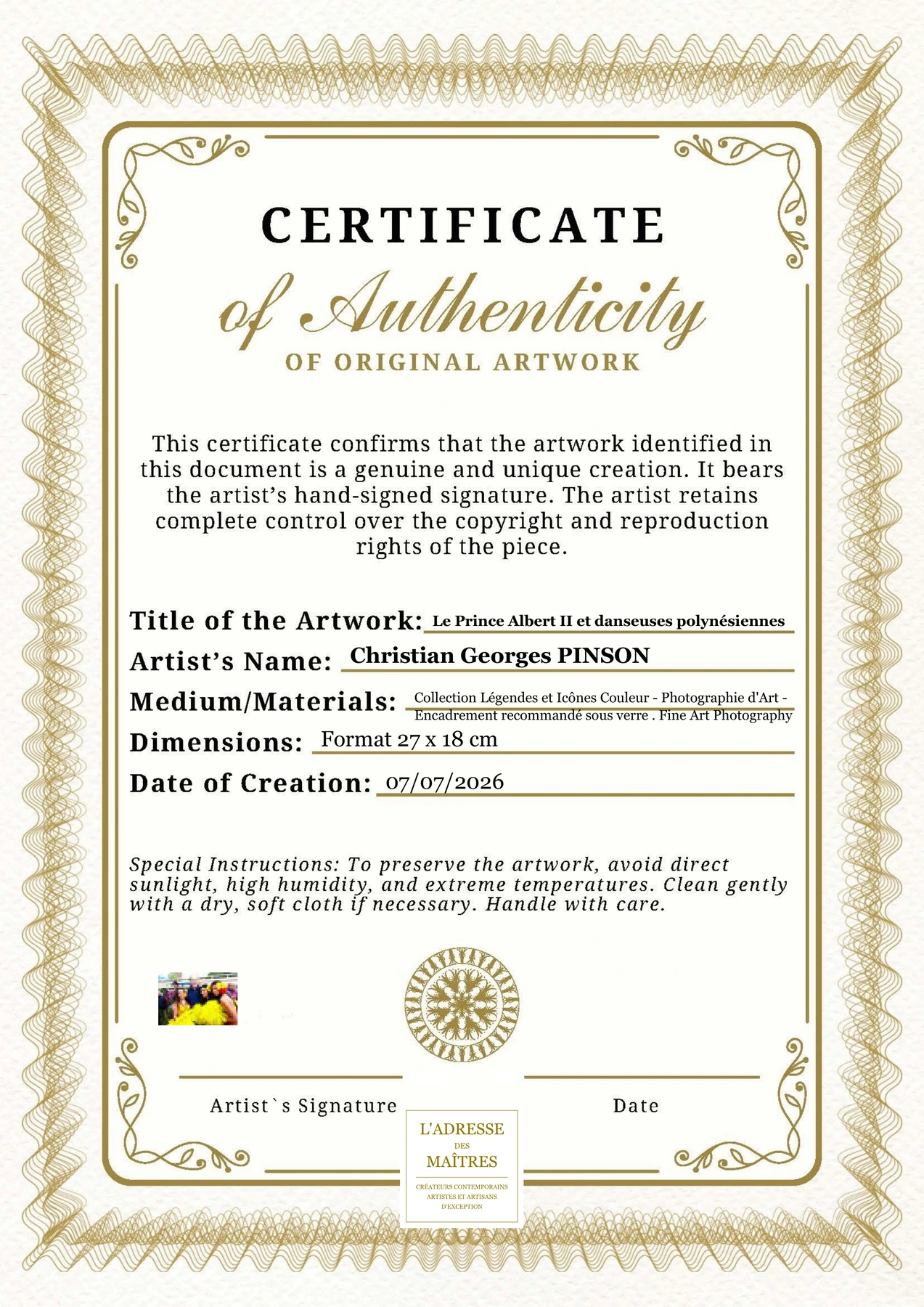 Certificat d'authenticité - Le Prince Albert II et danseuses polynésiennes - Christian Georges PINSON