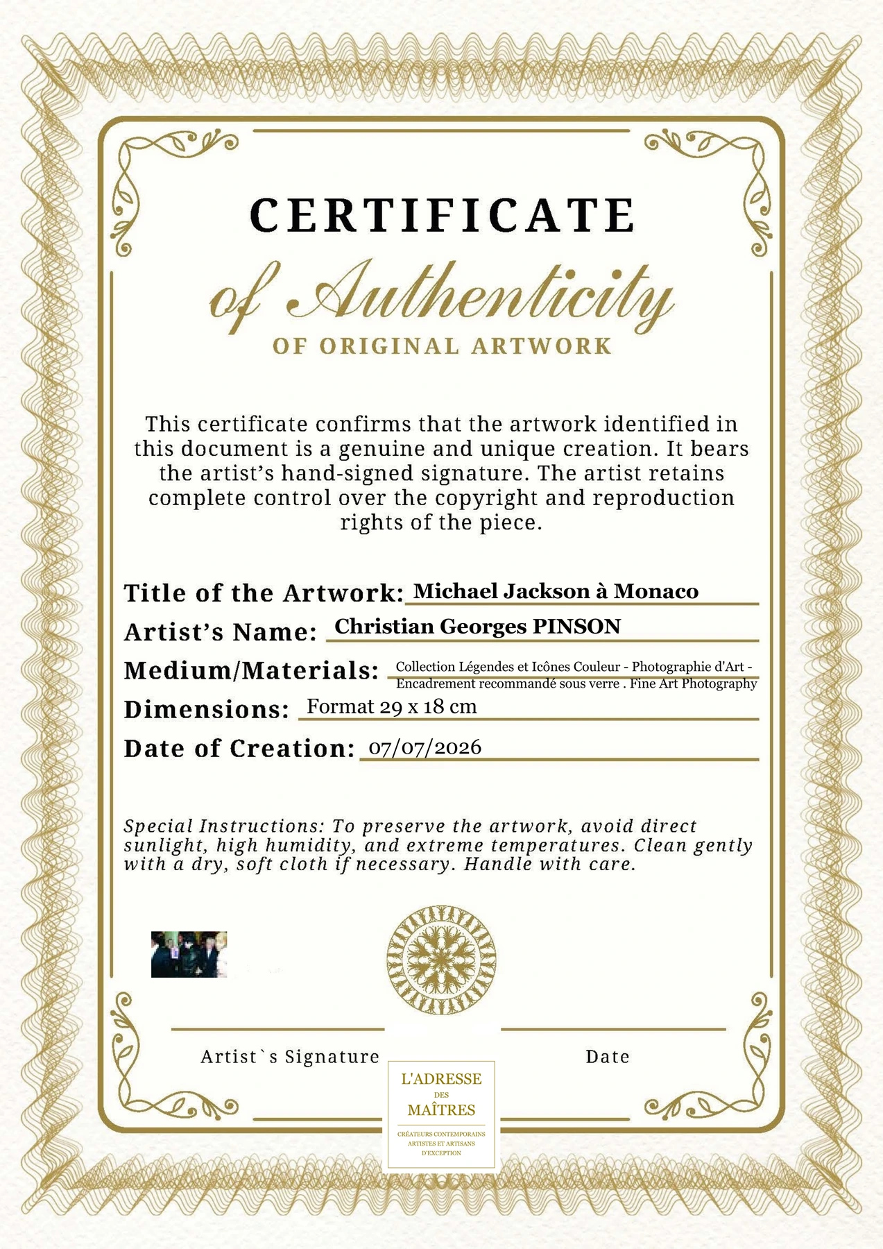 Certificat d'authenticité - Michael Jackson à Monaco - Christian Georges PINSON