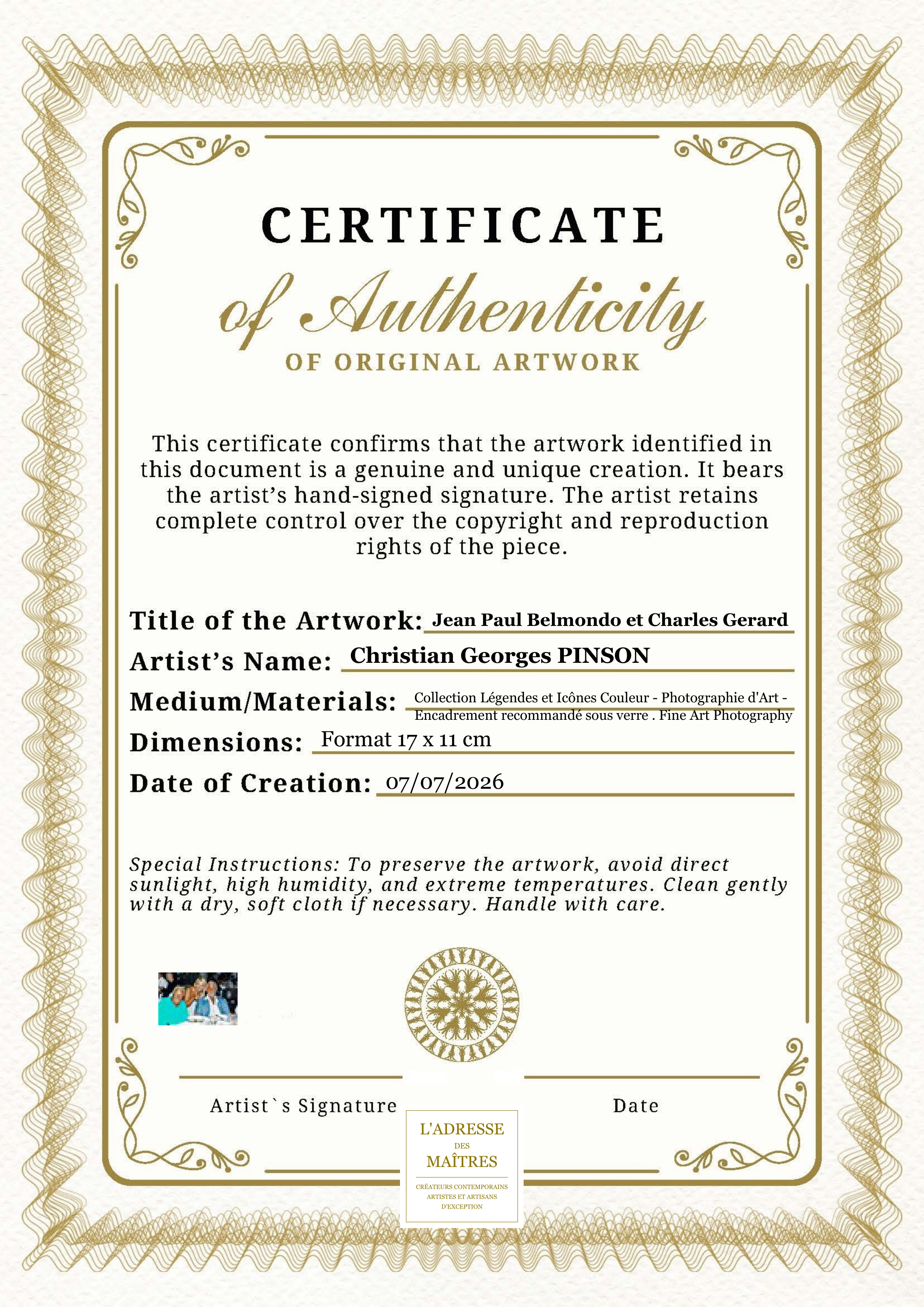Certificat d'authenticité — Jean Paul Belmondo et Charles Gerard — Christian Georges PINSON