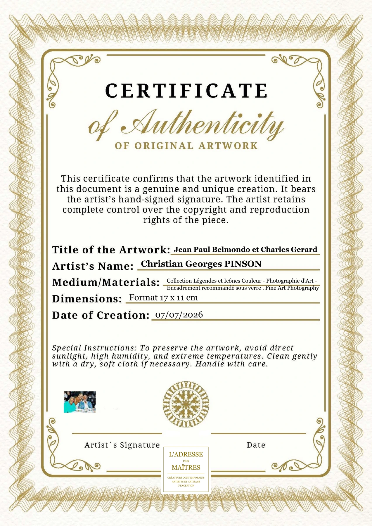 Certificat d'authenticité - Jean Paul Belmondo et Charles Gerard - Christian Georges PINSON