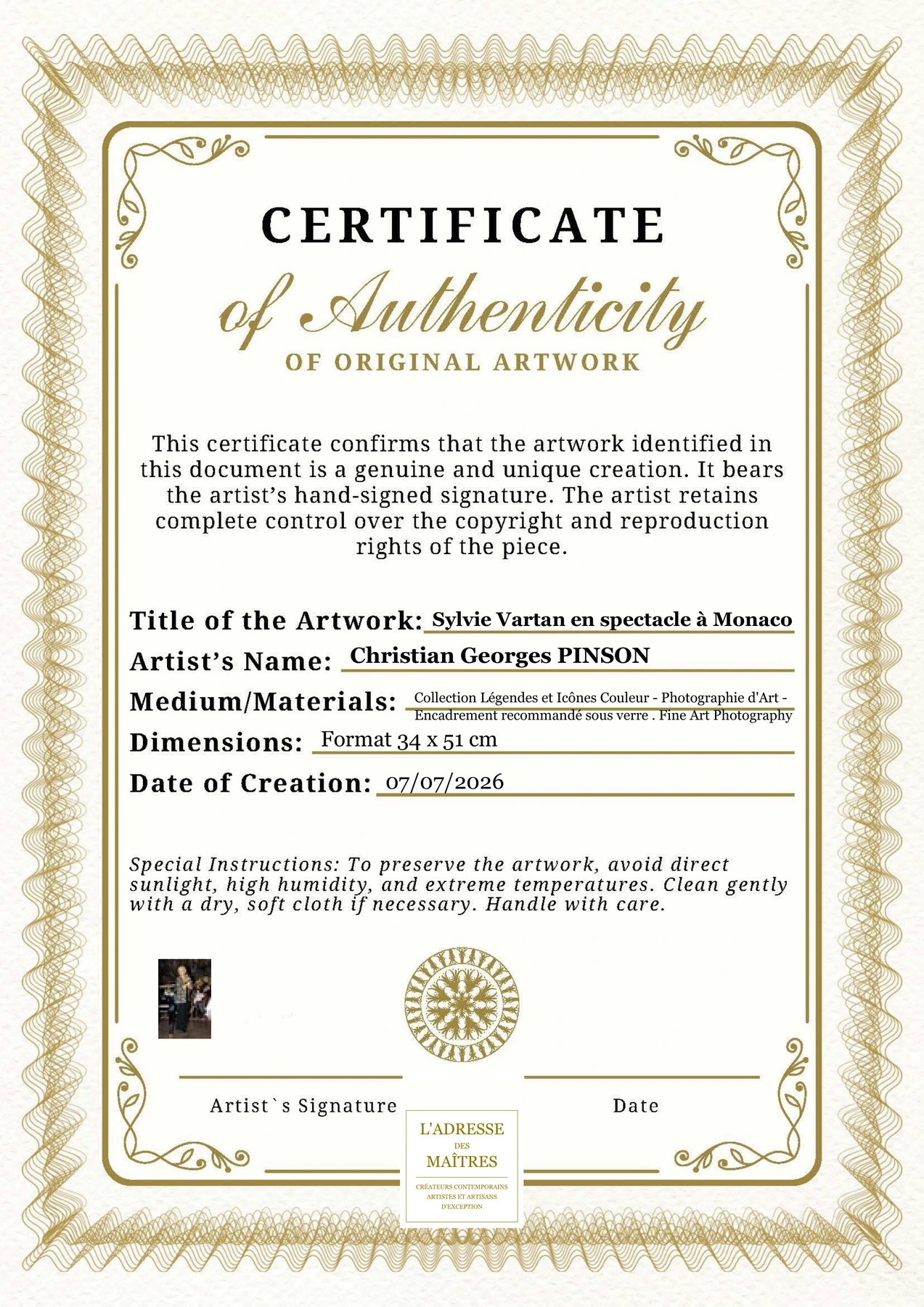 Certificat d'authenticité - Sylvie Vartan en spectacle à Monaco - Christian Georges PINSON