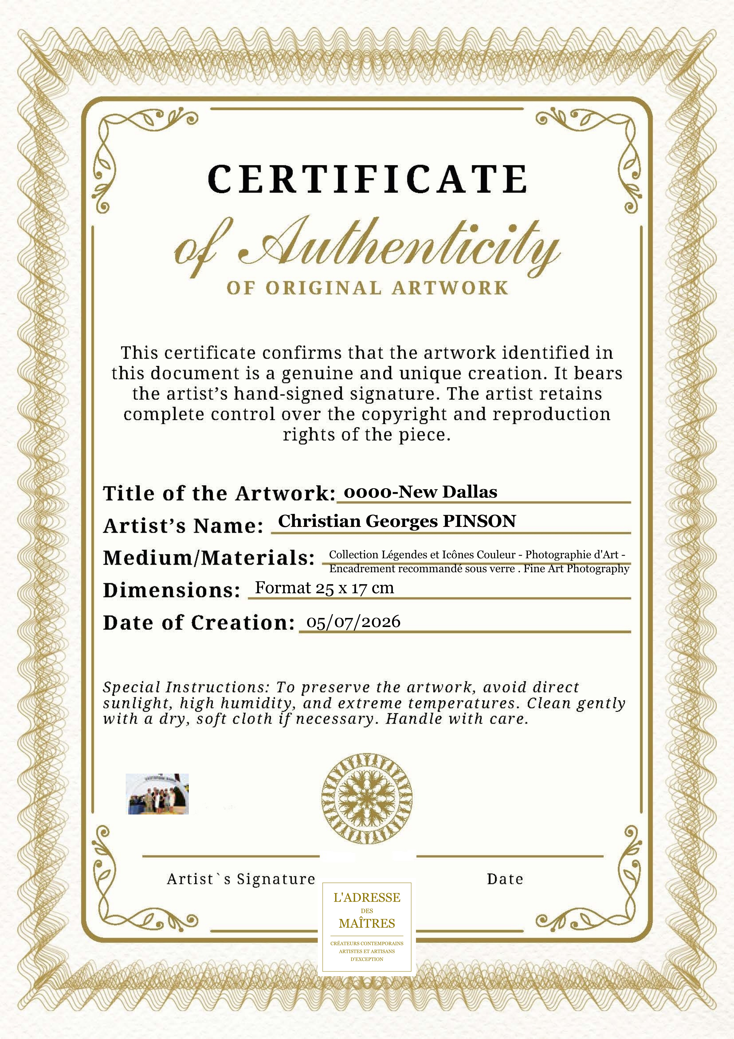 Certificat d'authenticité — 0000-New Dallas — Christian Georges PINSON