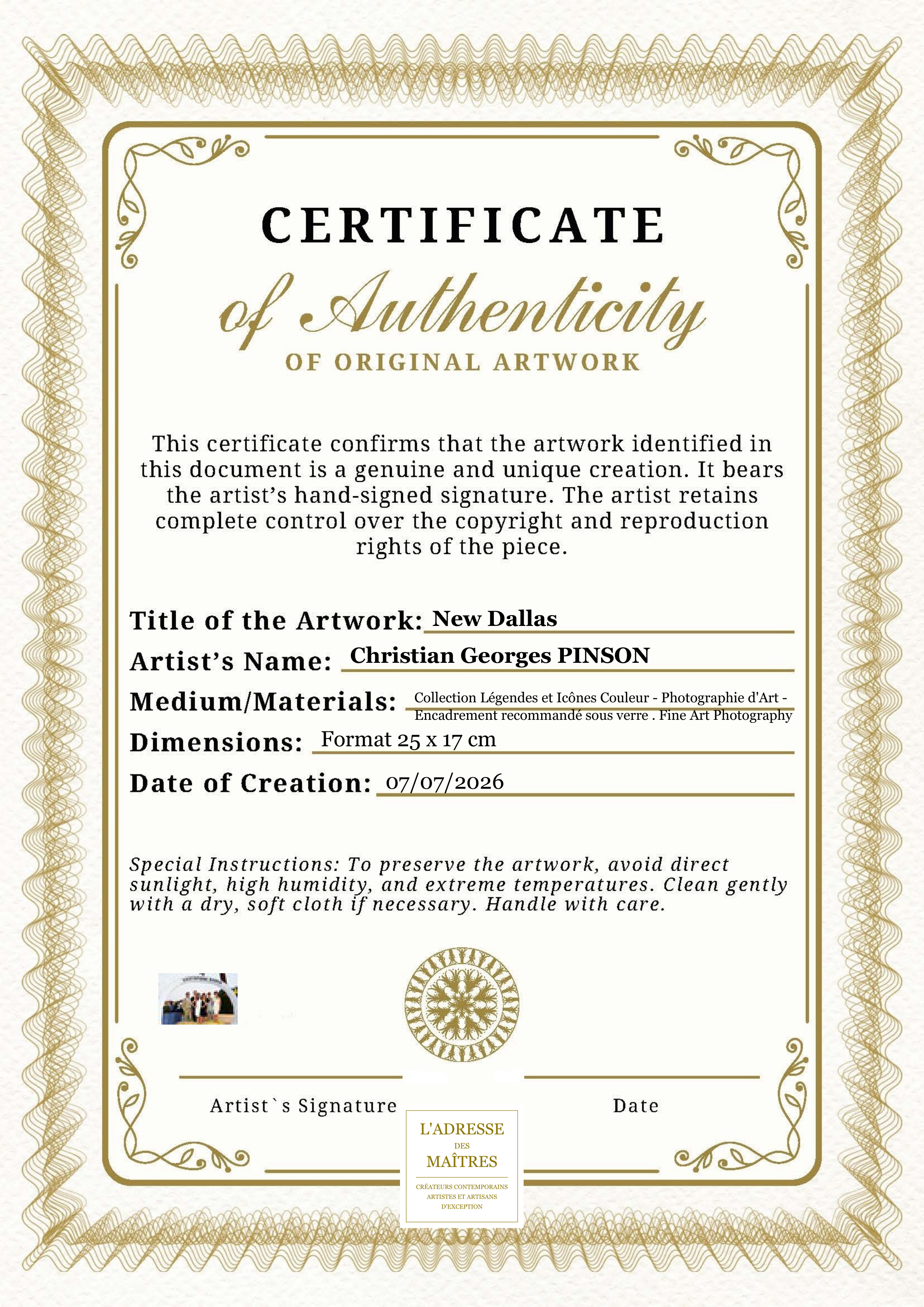 Certificat d'authenticité — New Dallas — Christian Georges PINSON