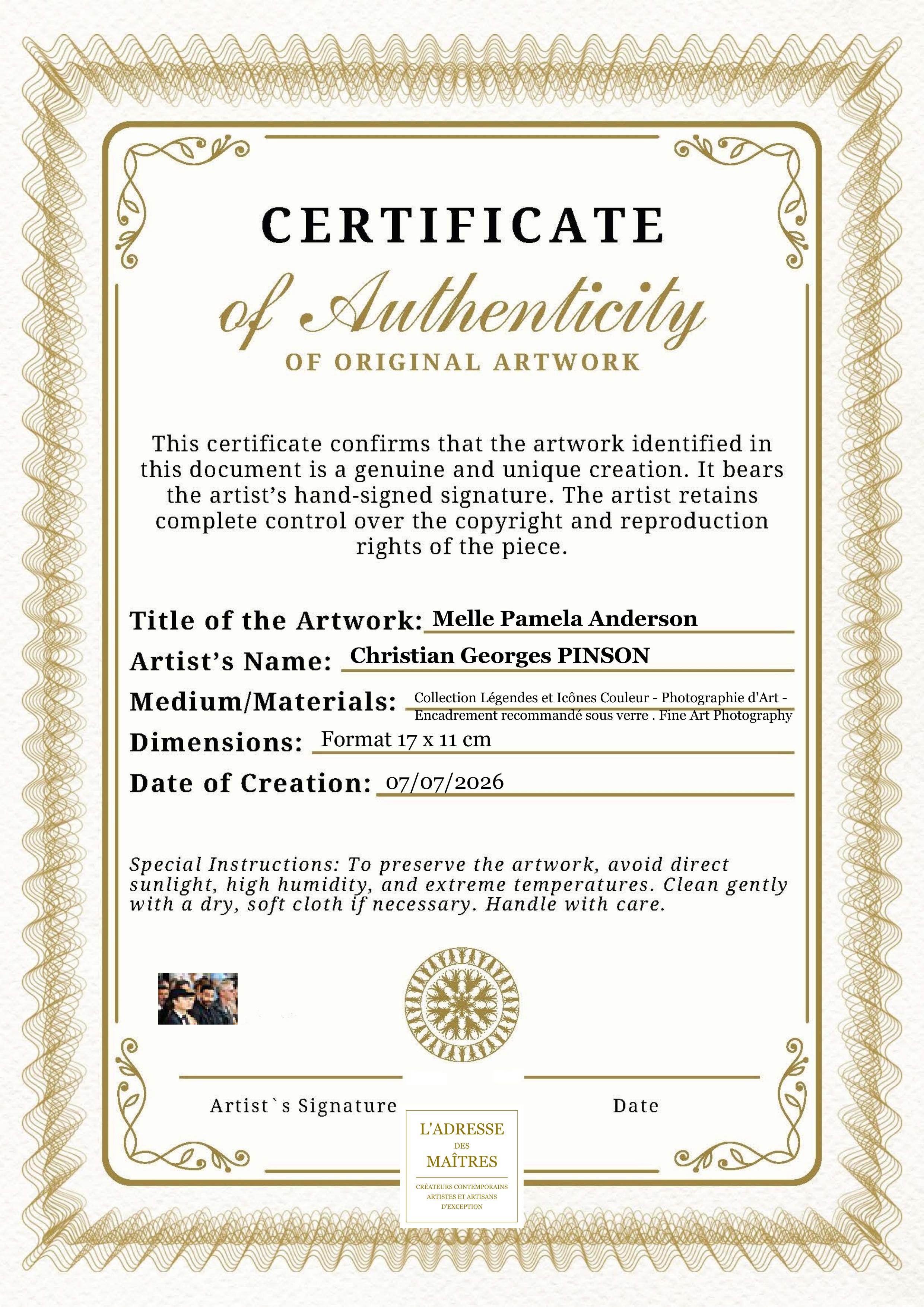 Certificat d'authenticité — Melle Pamela Anderson — Christian Georges PINSON