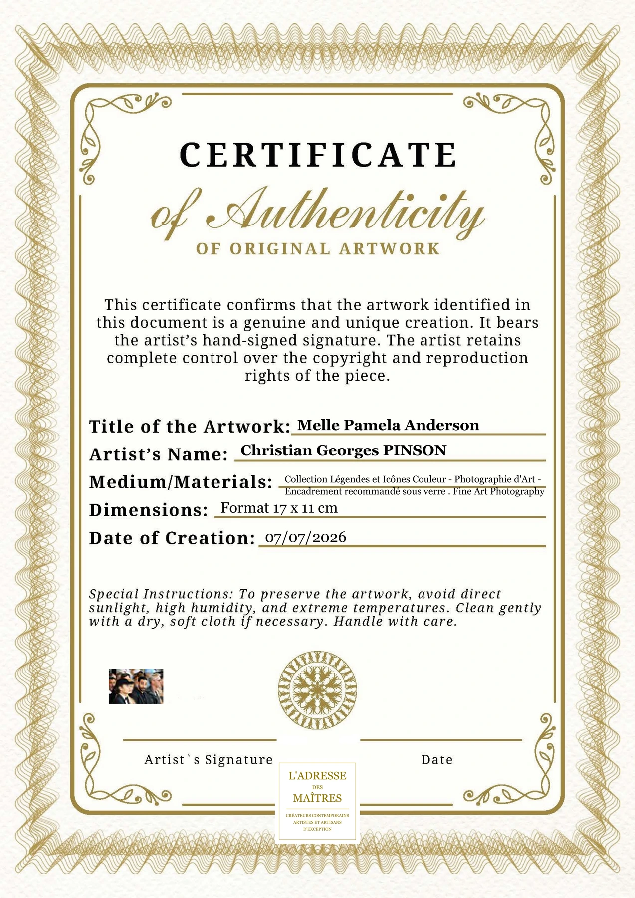 Certificat d'authenticité - Melle Pamela Anderson - Christian Georges PINSON