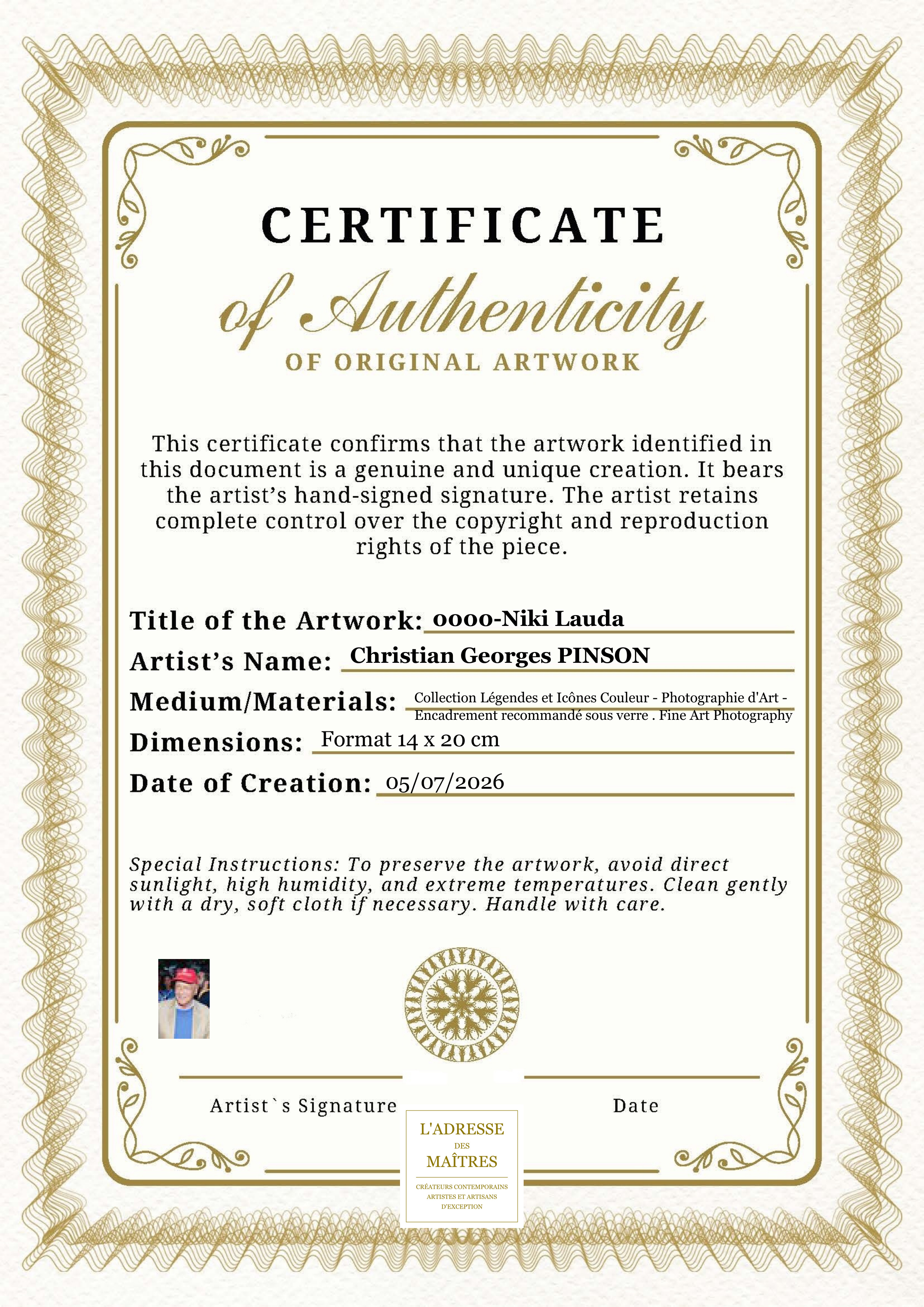 Certificat d'authenticité — 0000-Niki Lauda — Christian Georges PINSON
