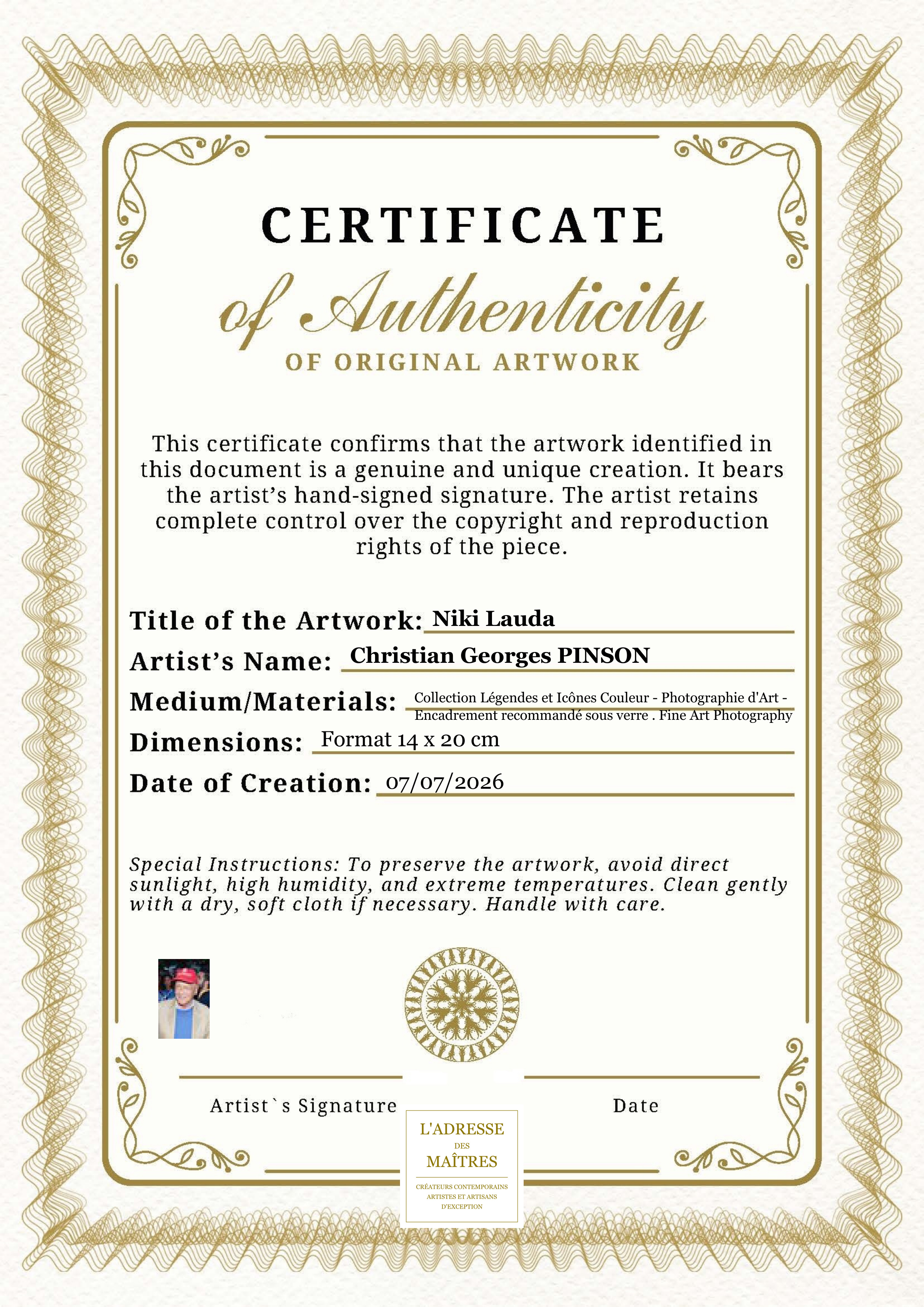 Certificat d'authenticité — Niki Lauda — Christian Georges PINSON