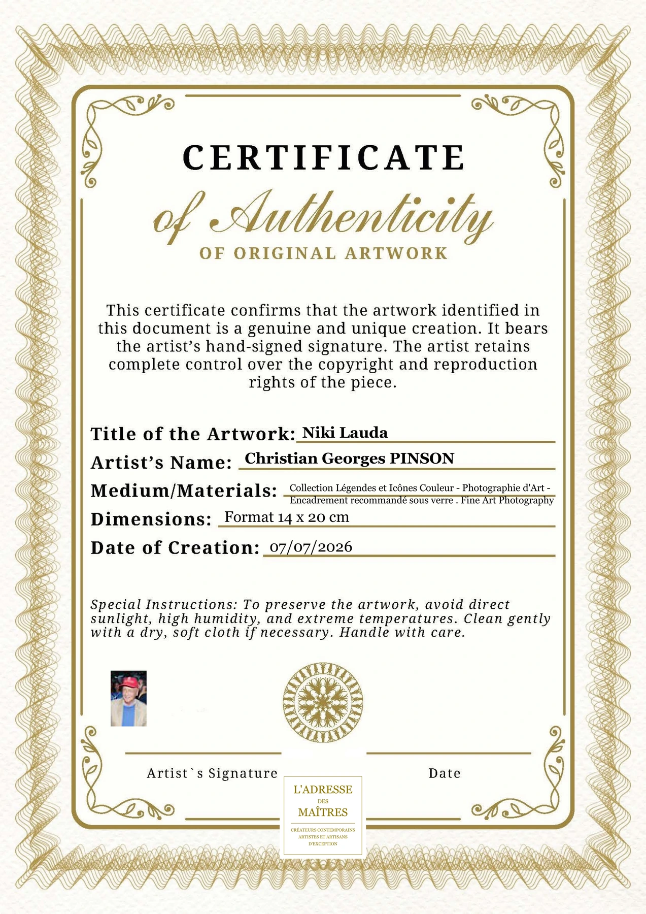 Certificat d'authenticité - Niki Lauda - Christian Georges PINSON