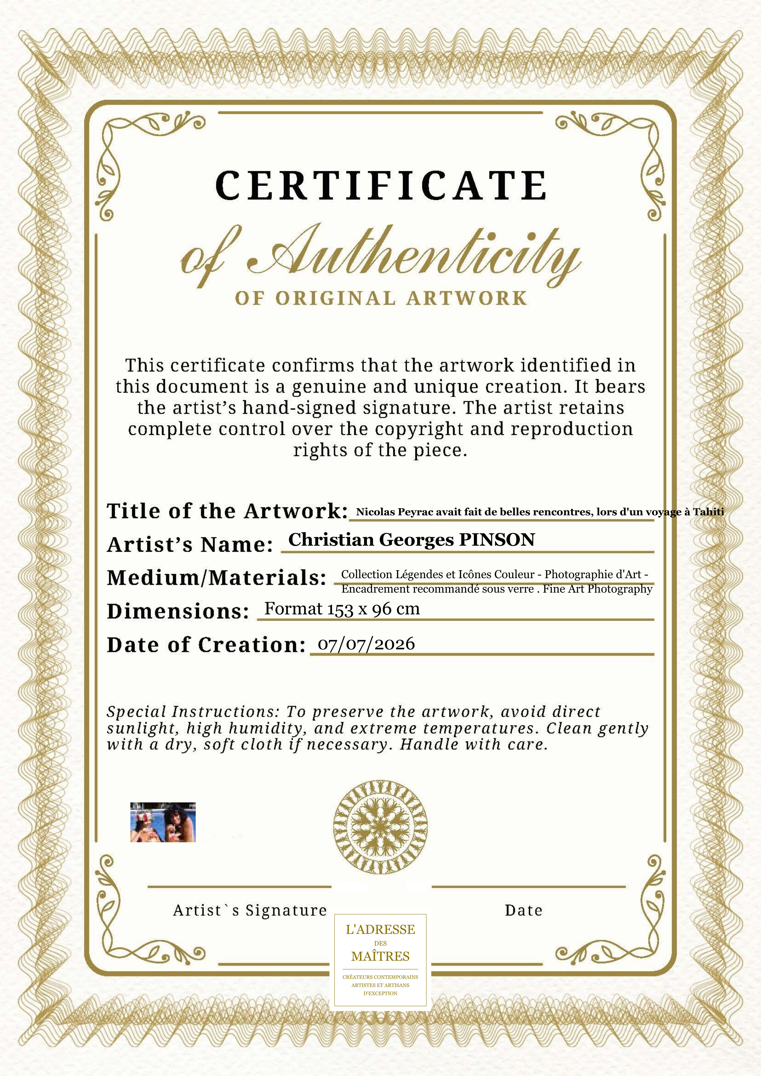 Certificat d'authenticité — Nicolas Peyrac avait fait de belles rencontres, lors d'un voyage à Tahiti — Christian Georges PINSON