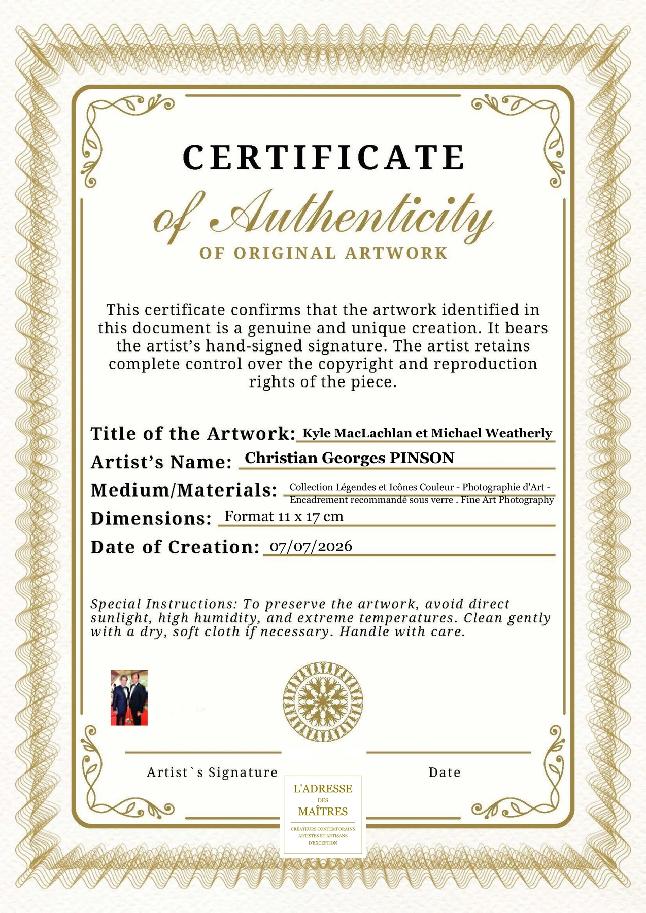 Certificat d'authenticité - Kyle MacLachlan et Michael Weatherly - Christian Georges PINSON