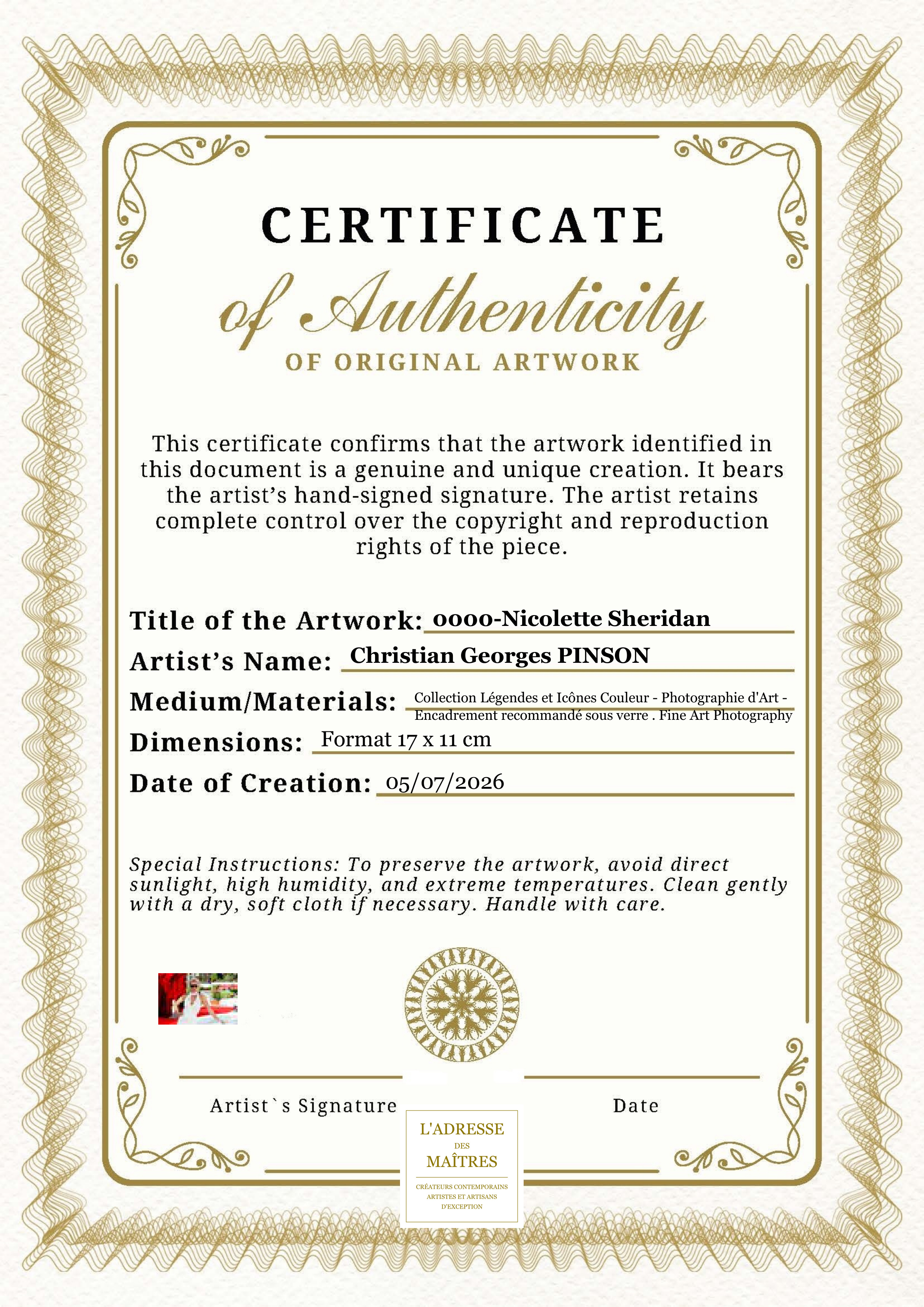 Certificat d'authenticité — 0000-Nicolette Sheridan — Christian Georges PINSON