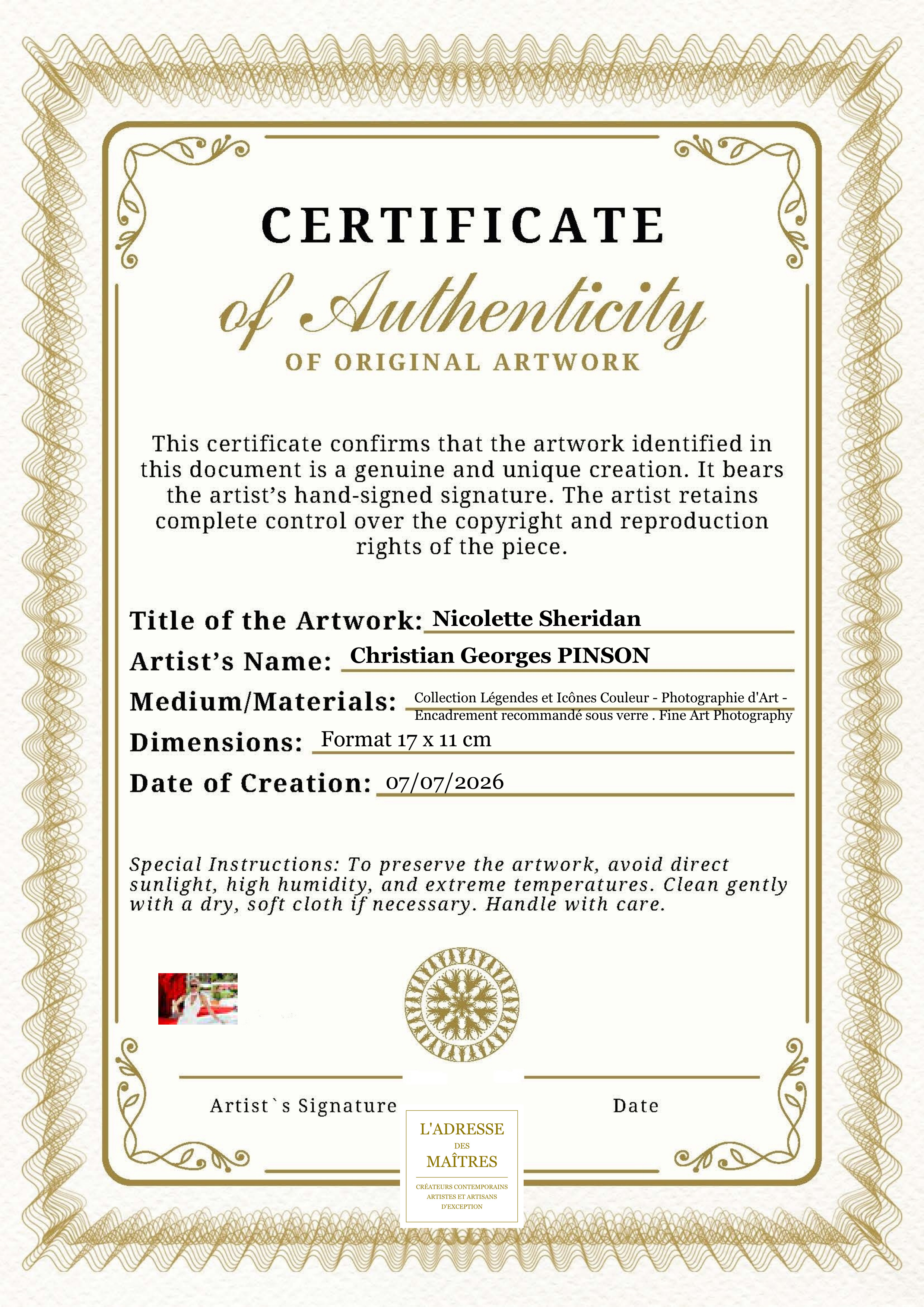Certificat d'authenticité — Nicolette Sheridan — Christian Georges PINSON
