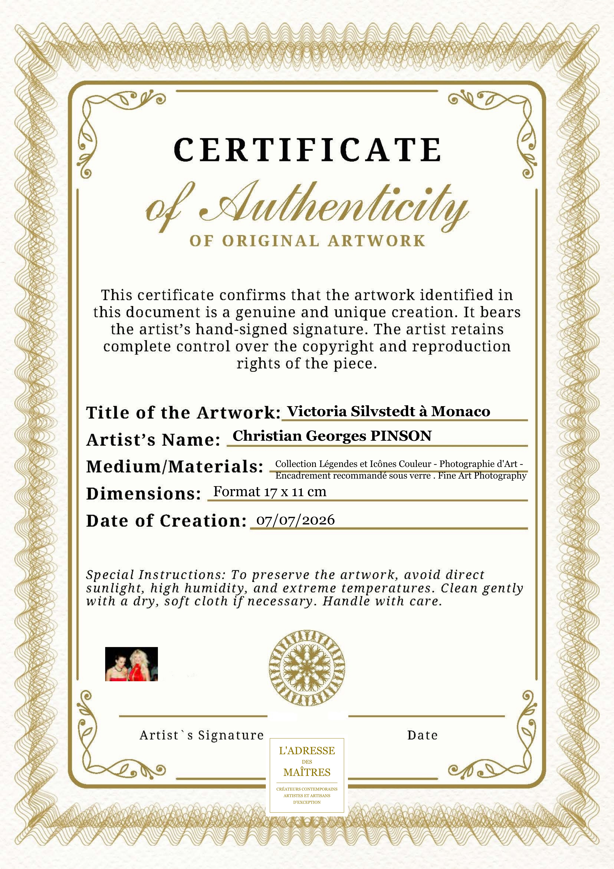 Certificat d'authenticité — Victoria Silvstedt à Monaco — Christian Georges PINSON