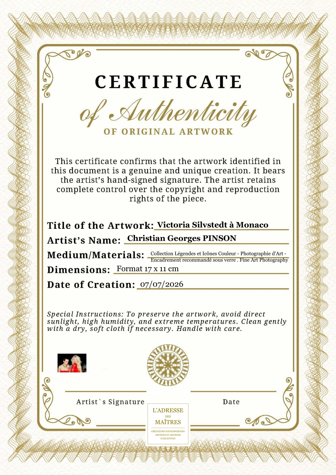 Certificat d'authenticité - Victoria Silvstedt à Monaco - Christian Georges PINSON