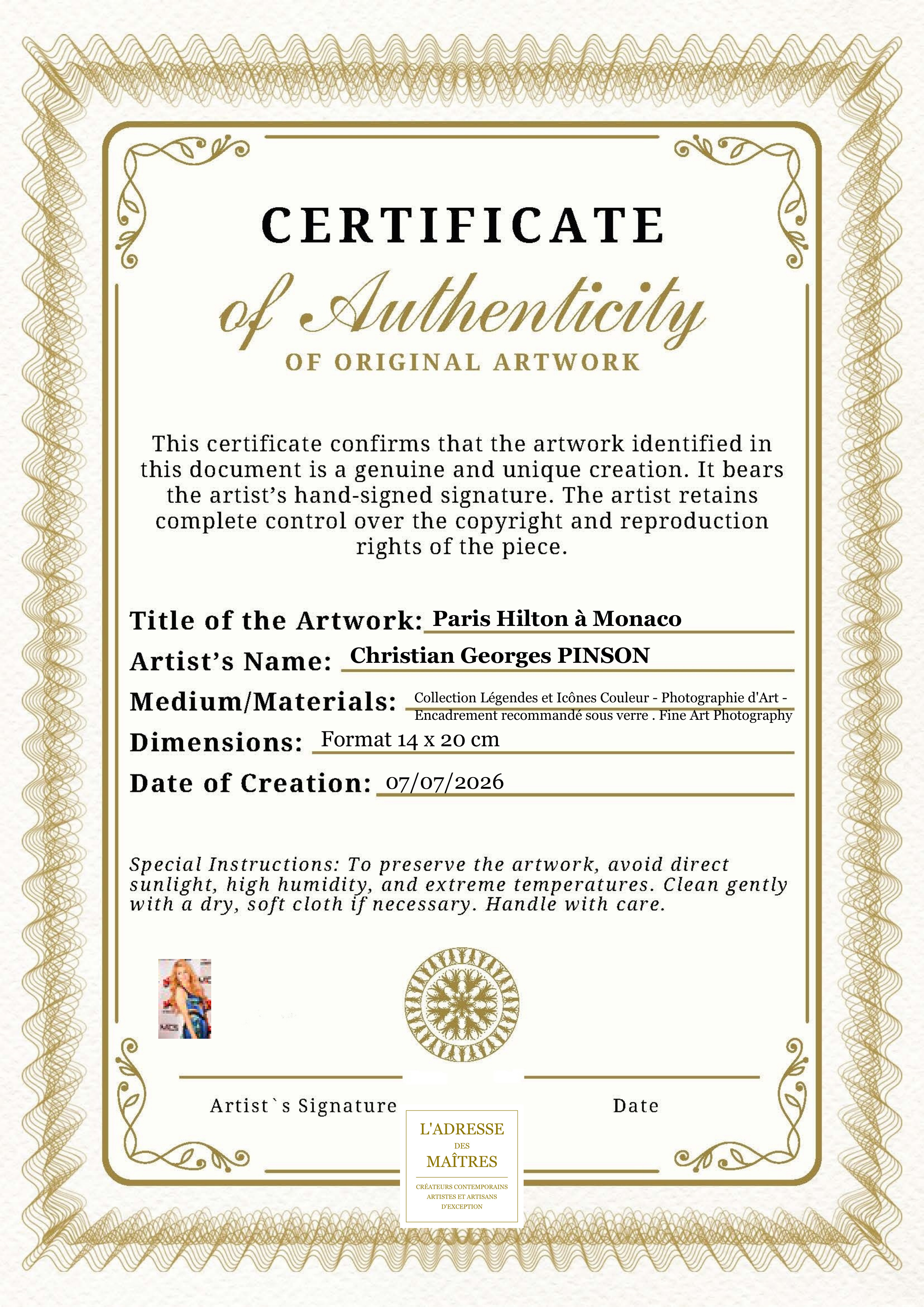 Certificat d'authenticité — Paris Hilton à Monaco — Christian Georges PINSON