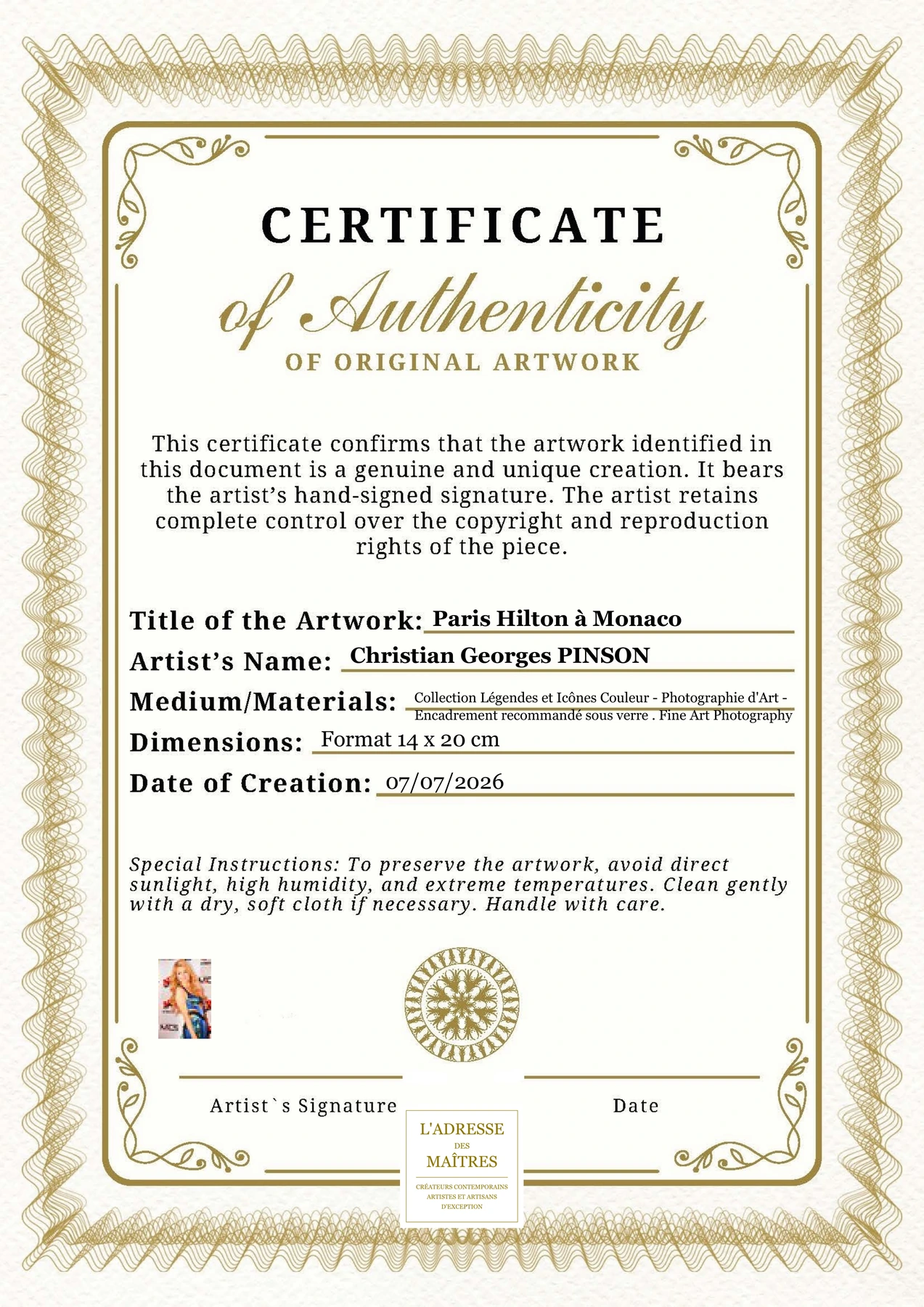 Certificat d'authenticité - Paris Hilton à Monaco - Christian Georges PINSON