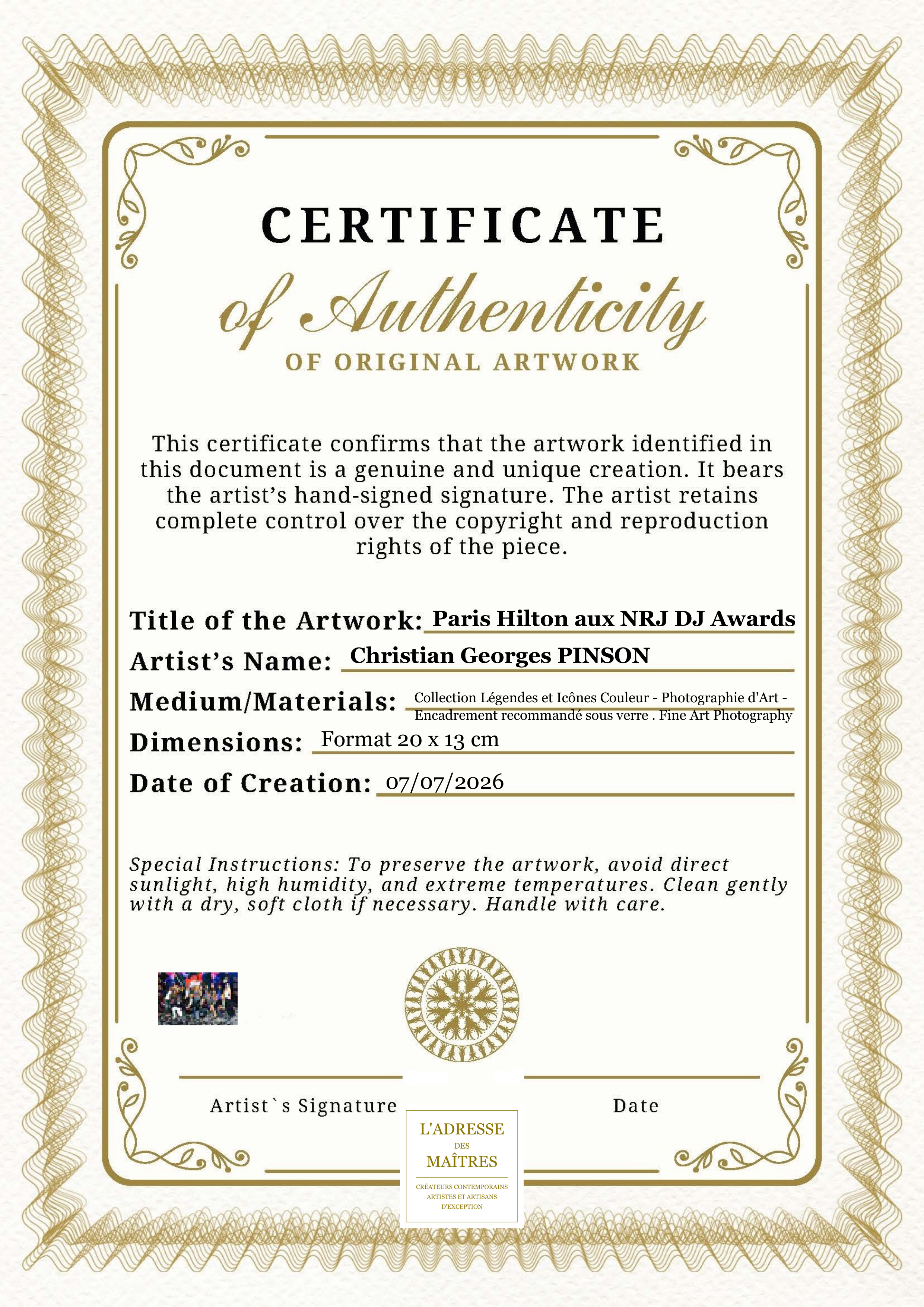Certificat d'authenticité — Paris Hilton aux NRJ DJ Awards — Christian Georges PINSON
