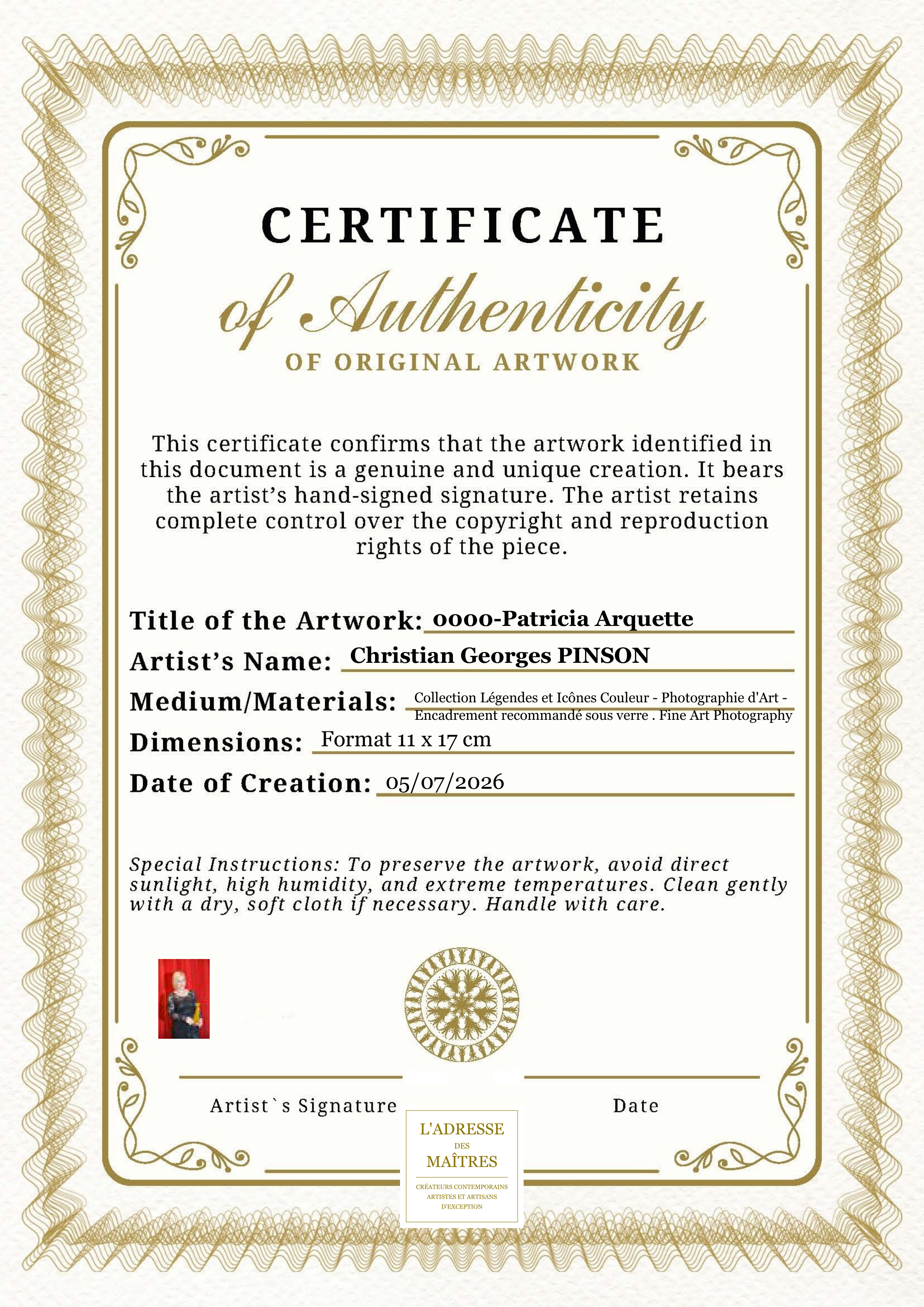 Certificat d'authenticité — 0000-Patricia Arquette — Christian Georges PINSON