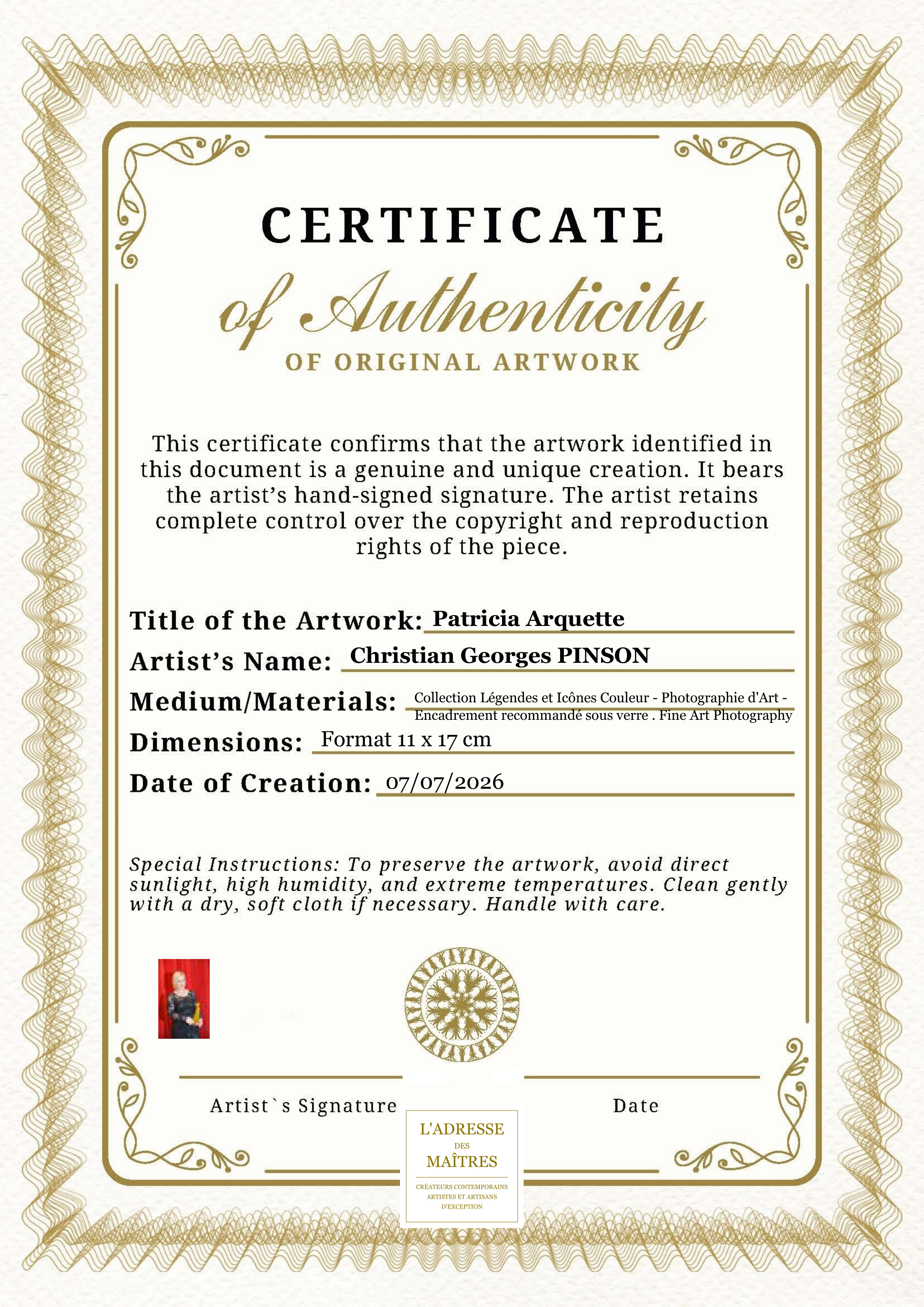 Certificat d'authenticité — Patricia Arquette — Christian Georges PINSON
