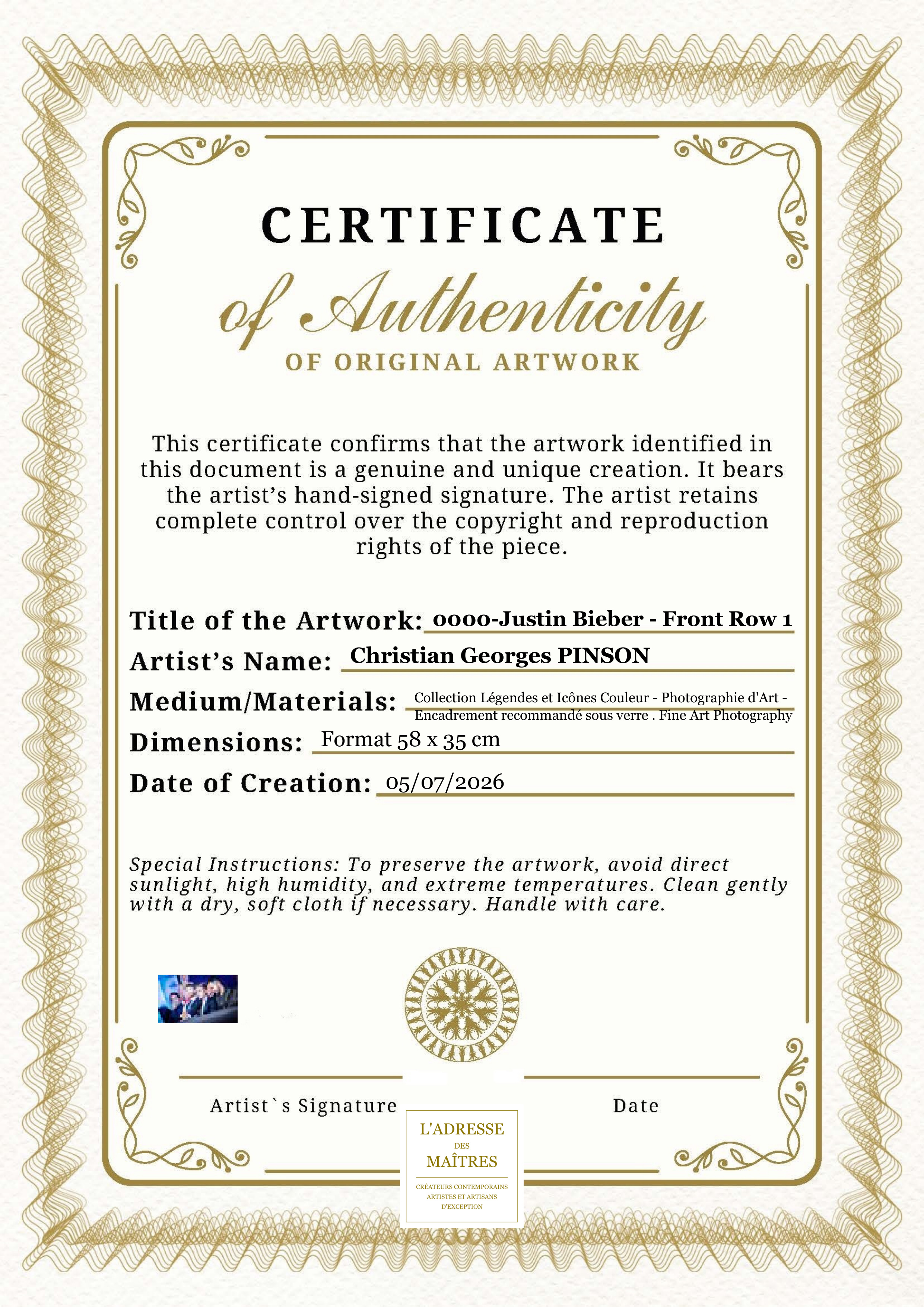 Certificat d'authenticité — 0000-Justin Bieber - Front Row 1 — Christian Georges PINSON