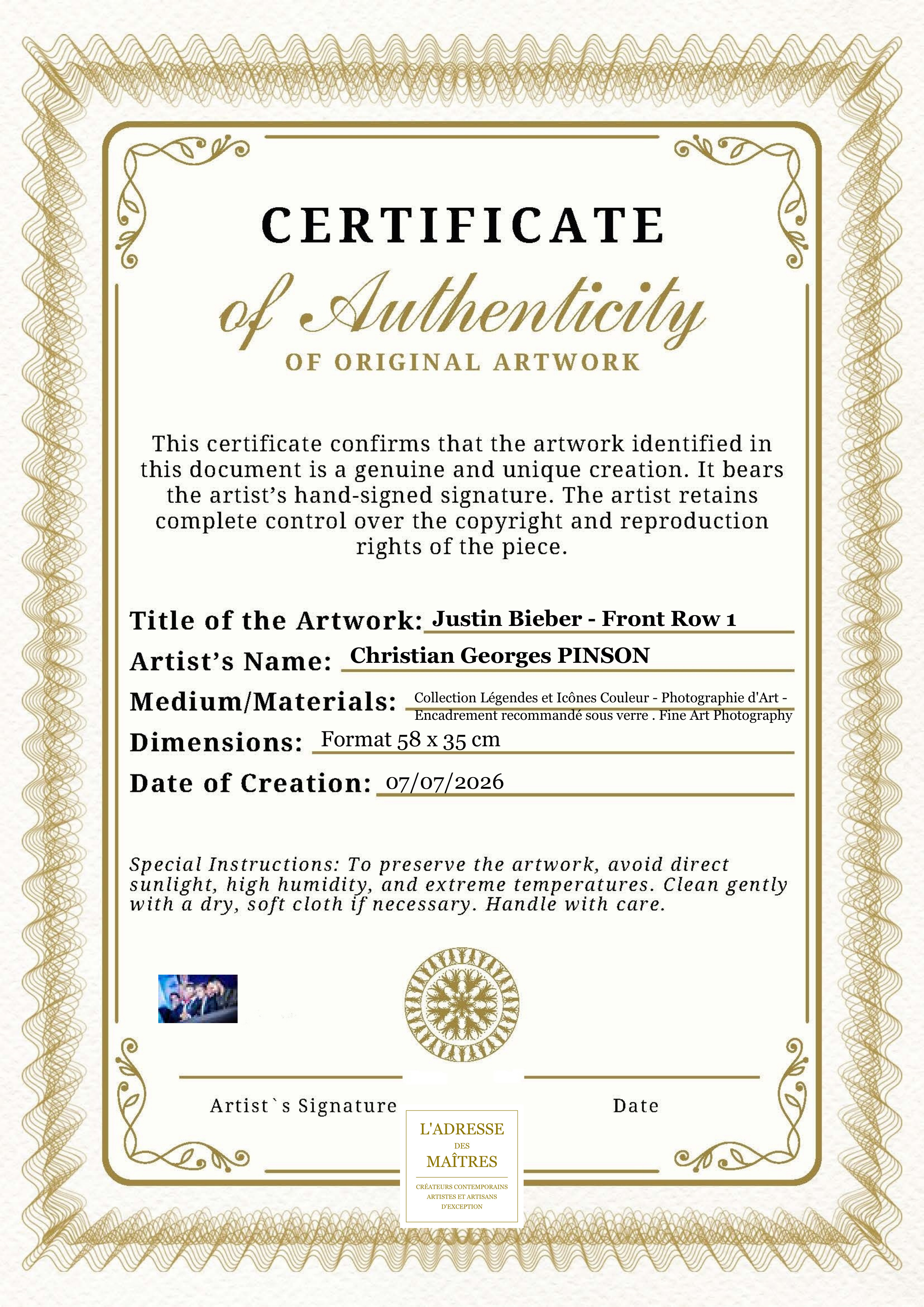 Certificat d'authenticité — Justin Bieber - Front Row 1 — Christian Georges PINSON