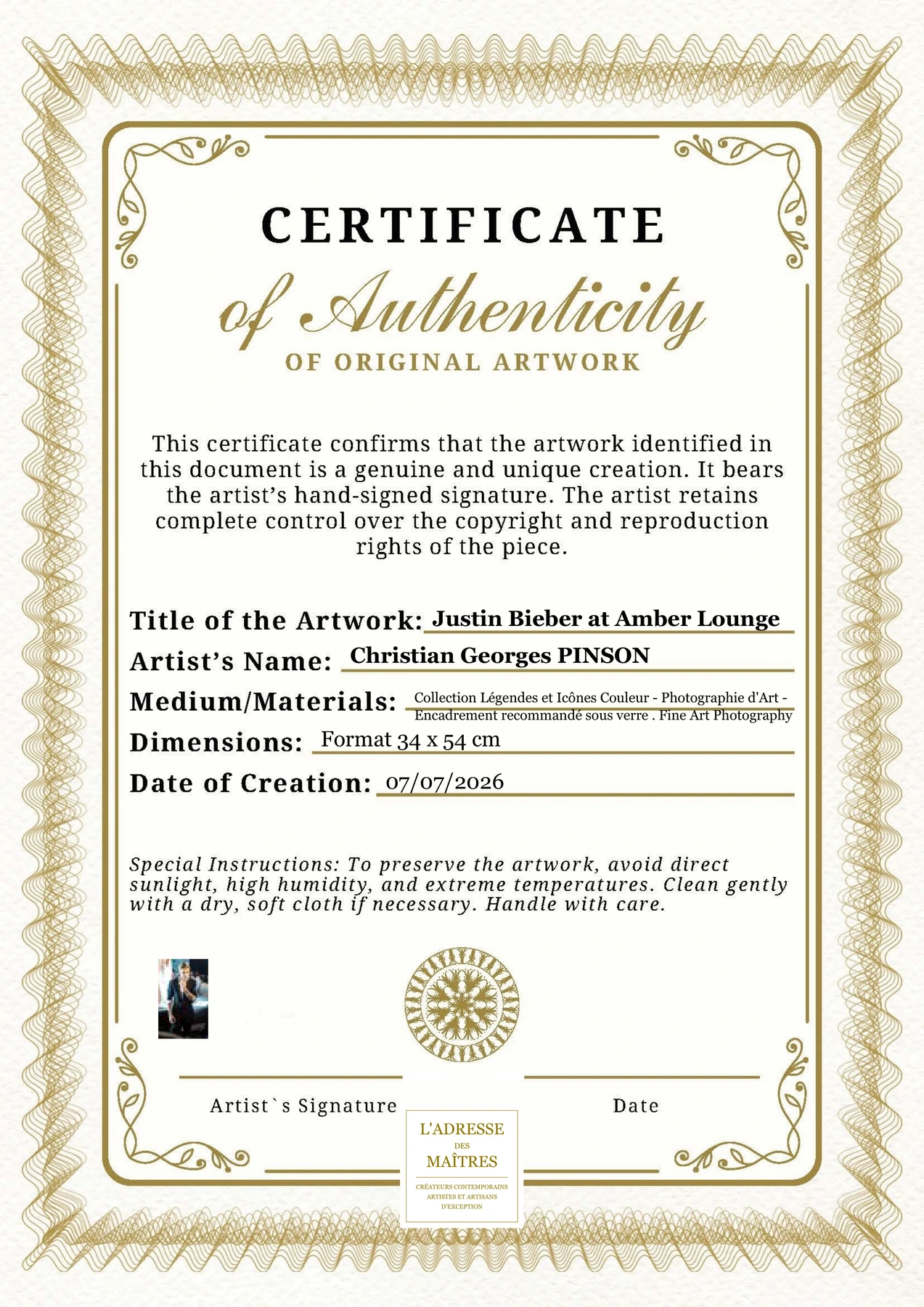 Certificat d'authenticité - Justin Bieber at Amber Lounge - Christian Georges PINSON