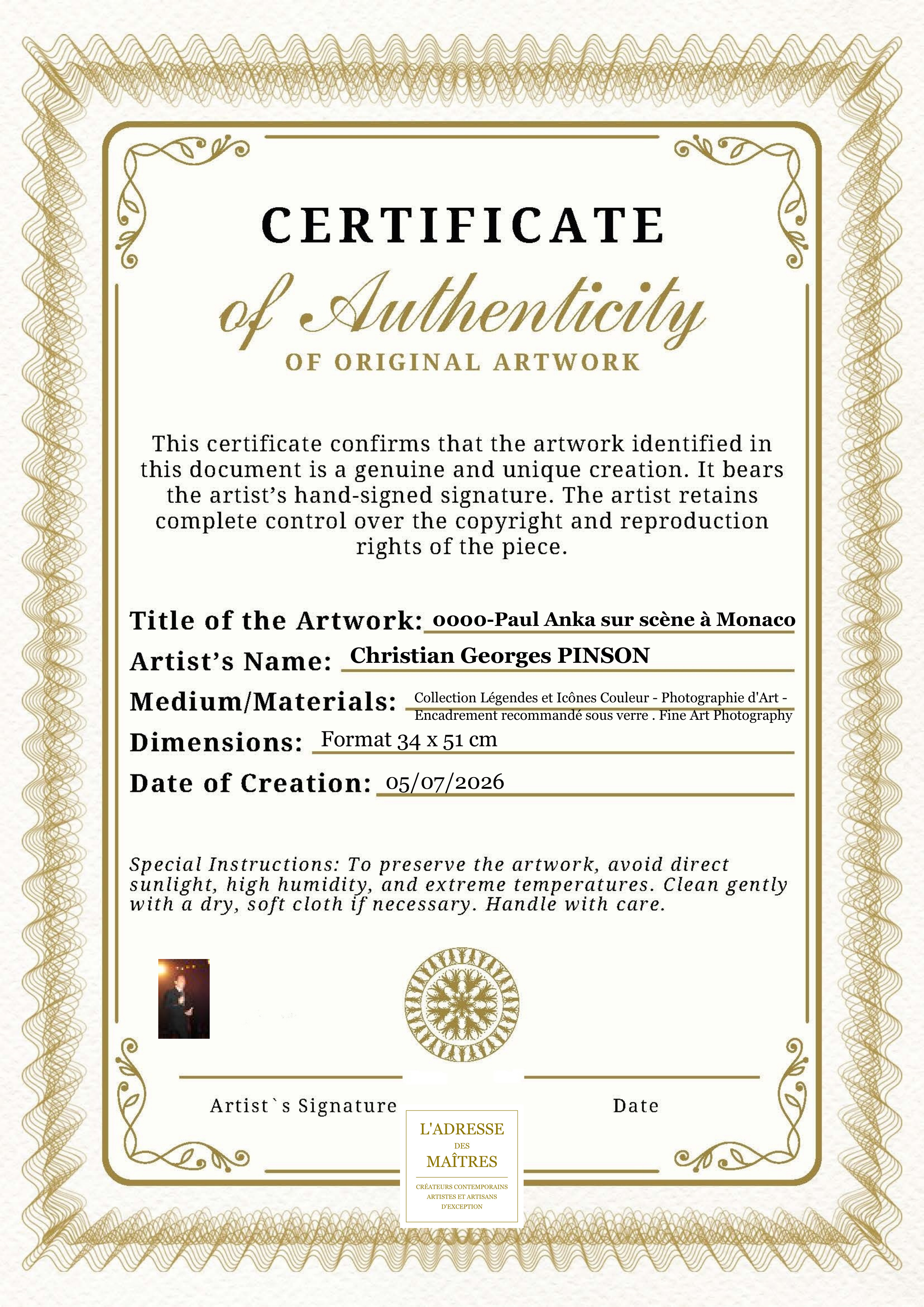 Certificat d'authenticité — 0000-Paul Anka sur scène à Monaco — Christian Georges PINSON