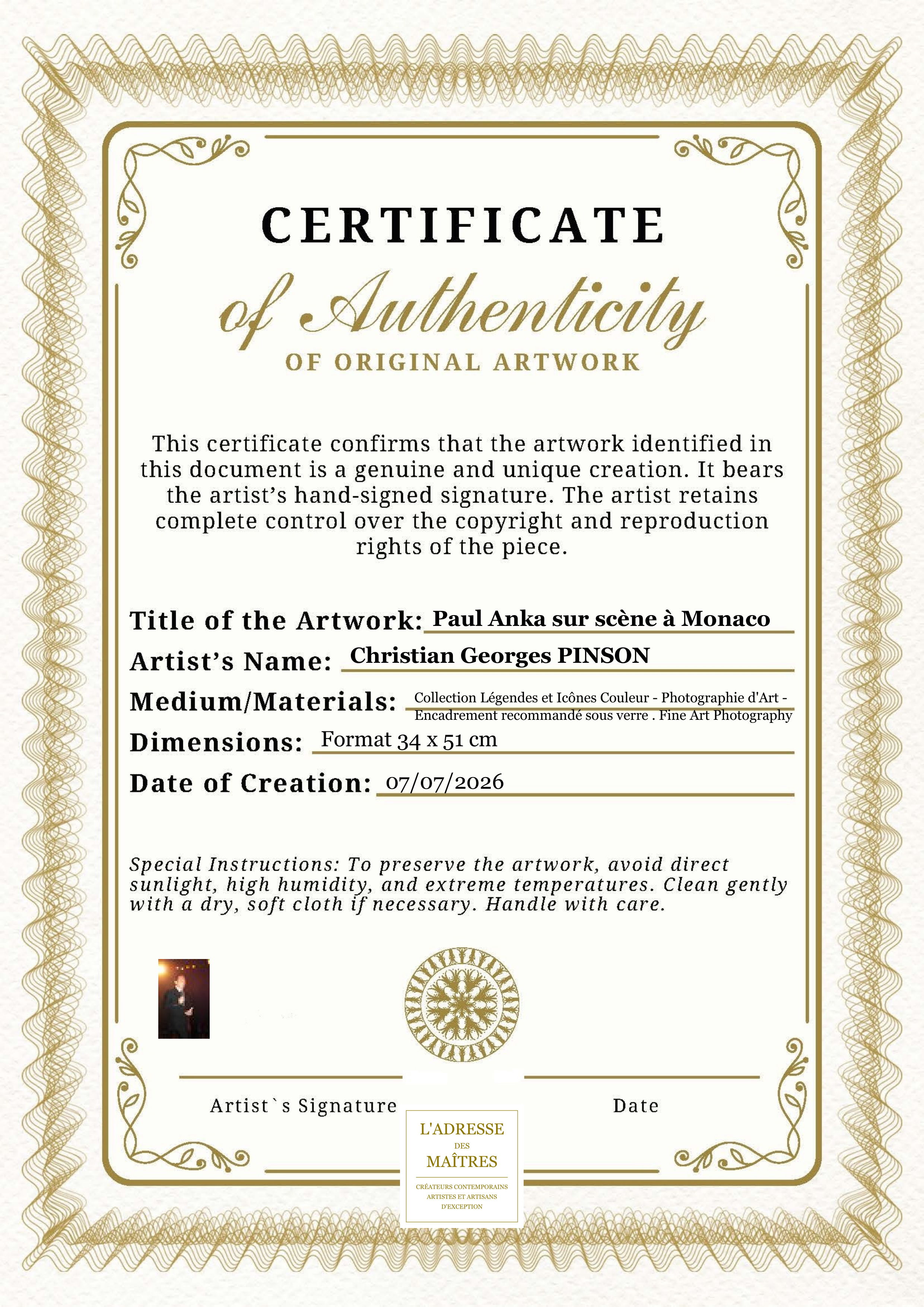 Certificat d'authenticité — Paul Anka sur scène à Monaco — Christian Georges PINSON
