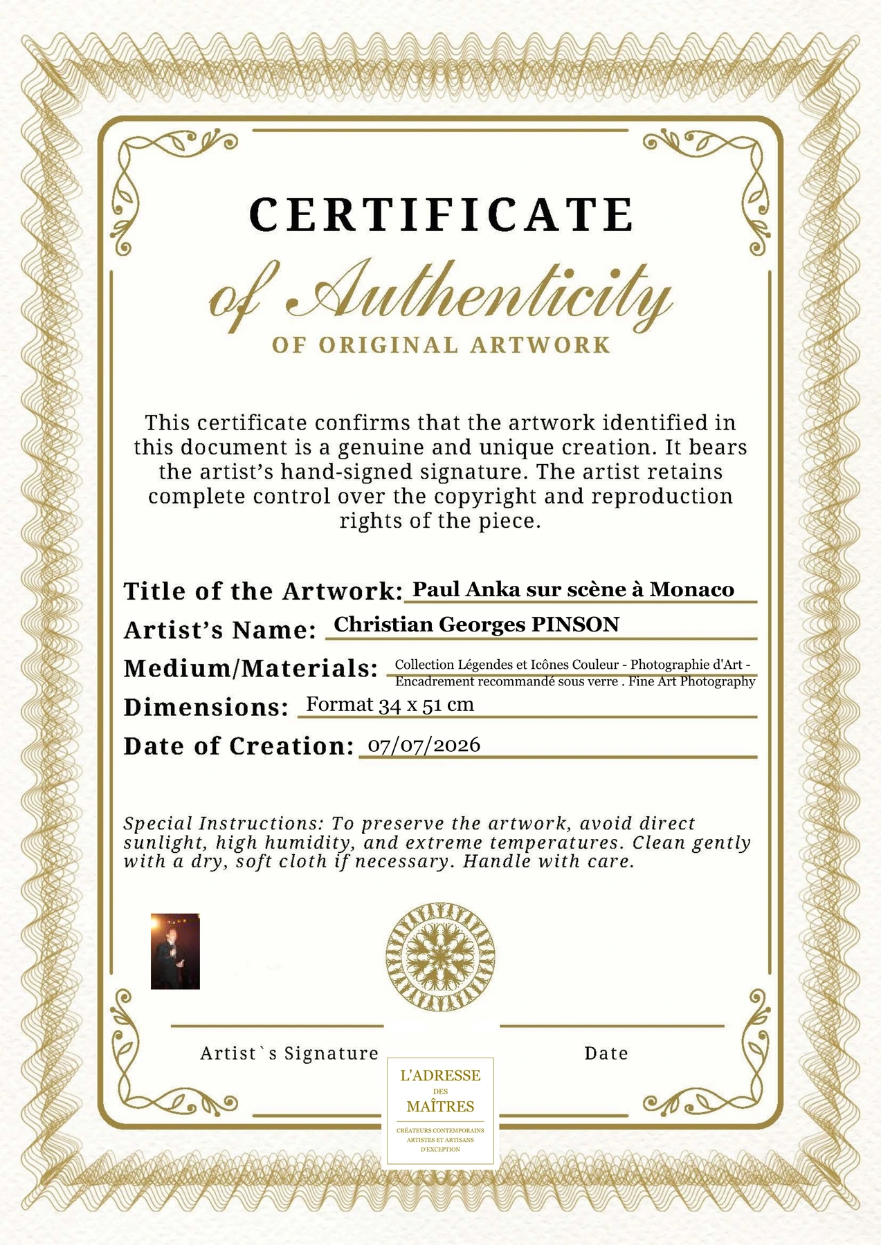 Certificat d'authenticité - Paul Anka sur scène à Monaco - Christian Georges PINSON