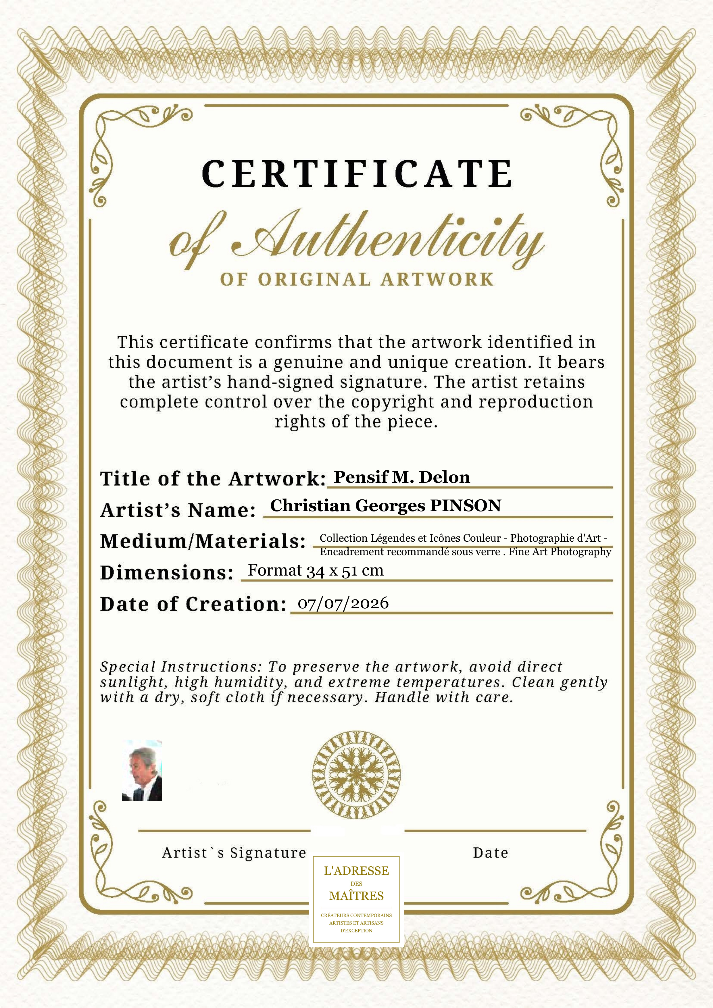 Certificat d'authenticité — Pensif M. Delon — Christian Georges PINSON