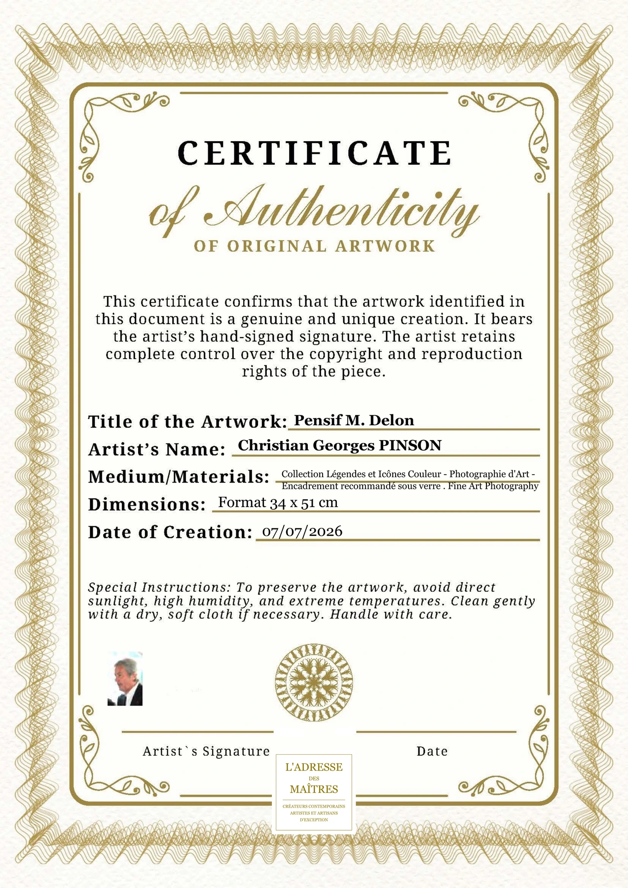 Certificat d'authenticité - Pensif M. Delon - Christian Georges PINSON