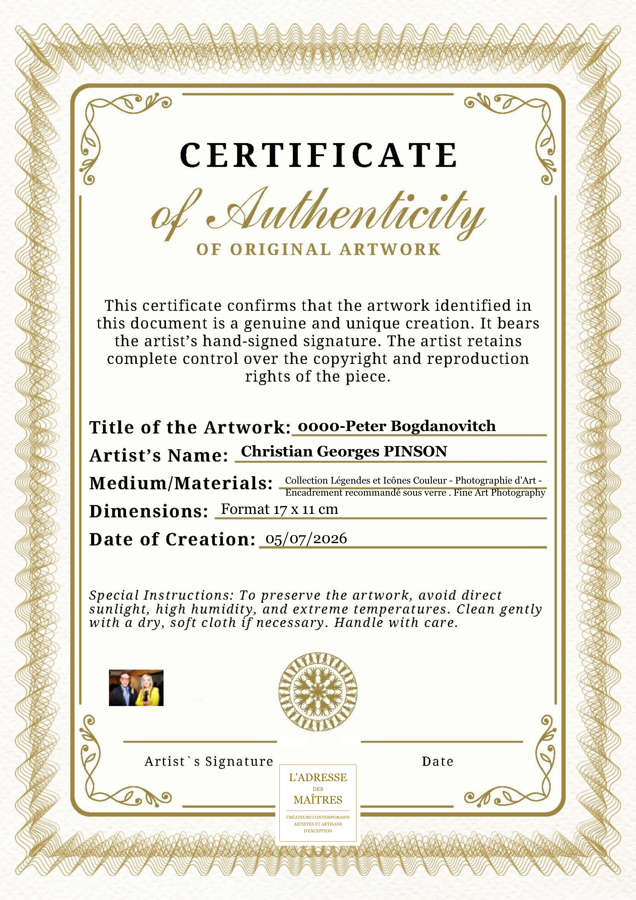 Certificat d'authenticité — 0000-Peter Bogdanovitch — Christian Georges PINSON