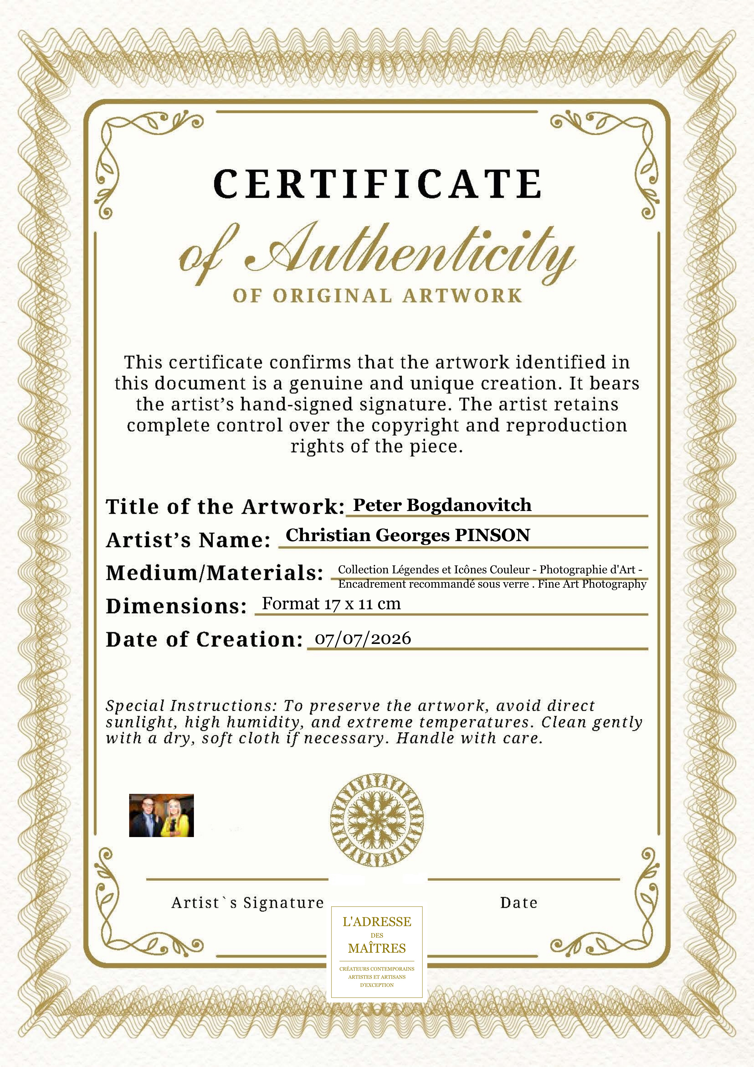 Certificat d'authenticité — Peter Bogdanovitch — Christian Georges PINSON