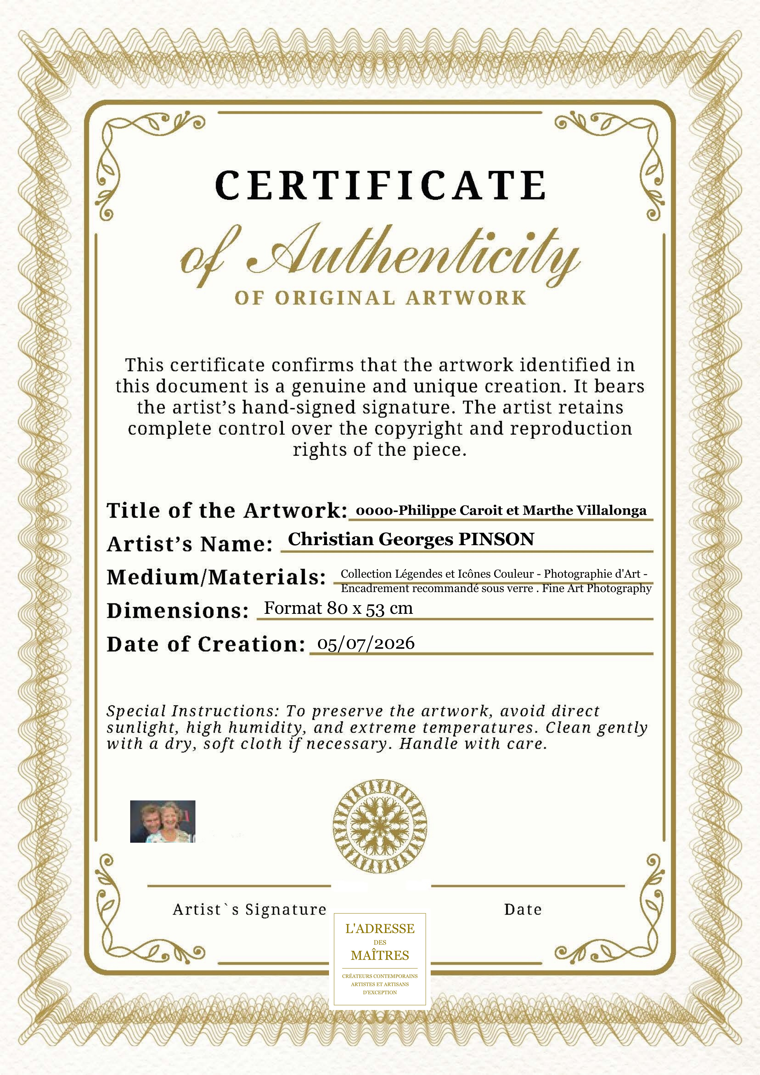 Certificat d'authenticité — 0000-Philippe Caroit et Marthe Villalonga — Christian Georges PINSON