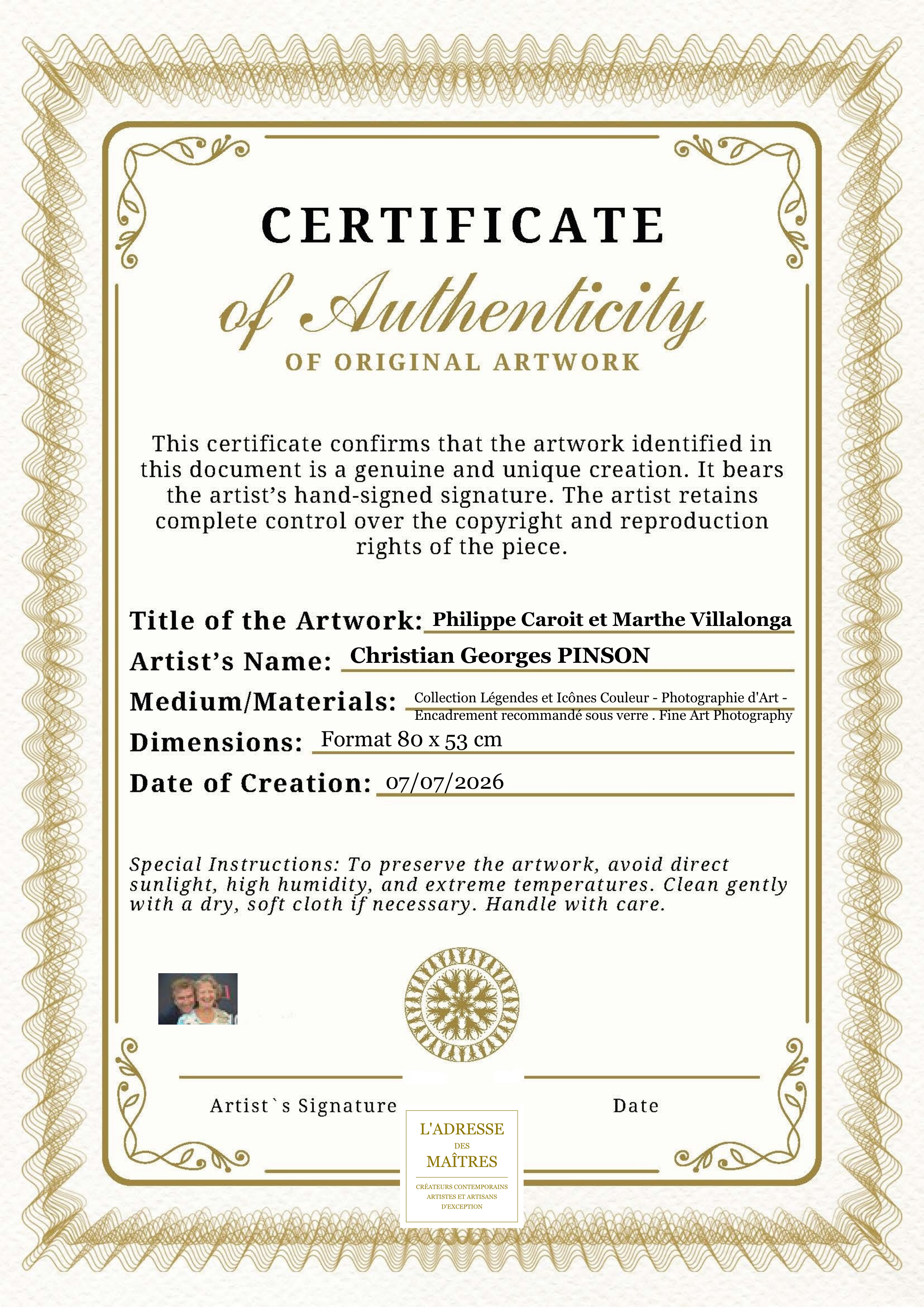 Certificat d'authenticité — Philippe Caroit et Marthe Villalonga — Christian Georges PINSON